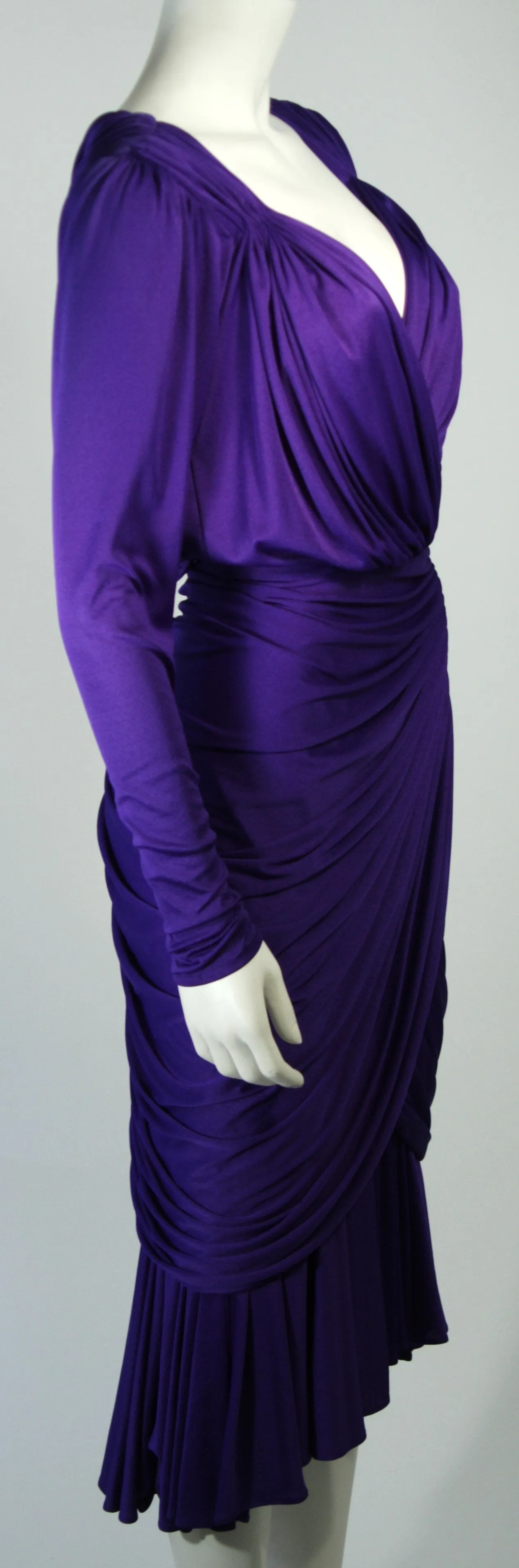 VINTAGE Purple Jersey Ruched Long Sleeve Cocktail Dress Size 2-4