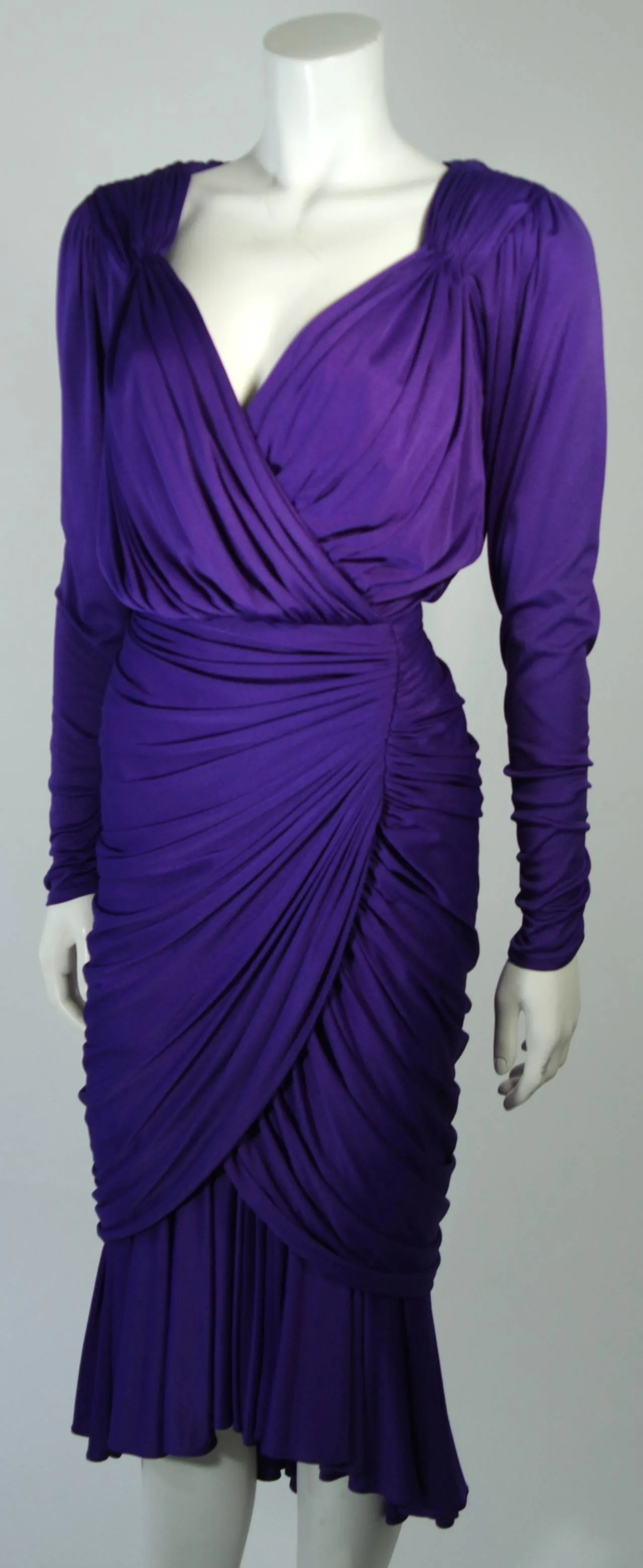 VINTAGE Purple Jersey Ruched Long Sleeve Cocktail Dress Size 2-4