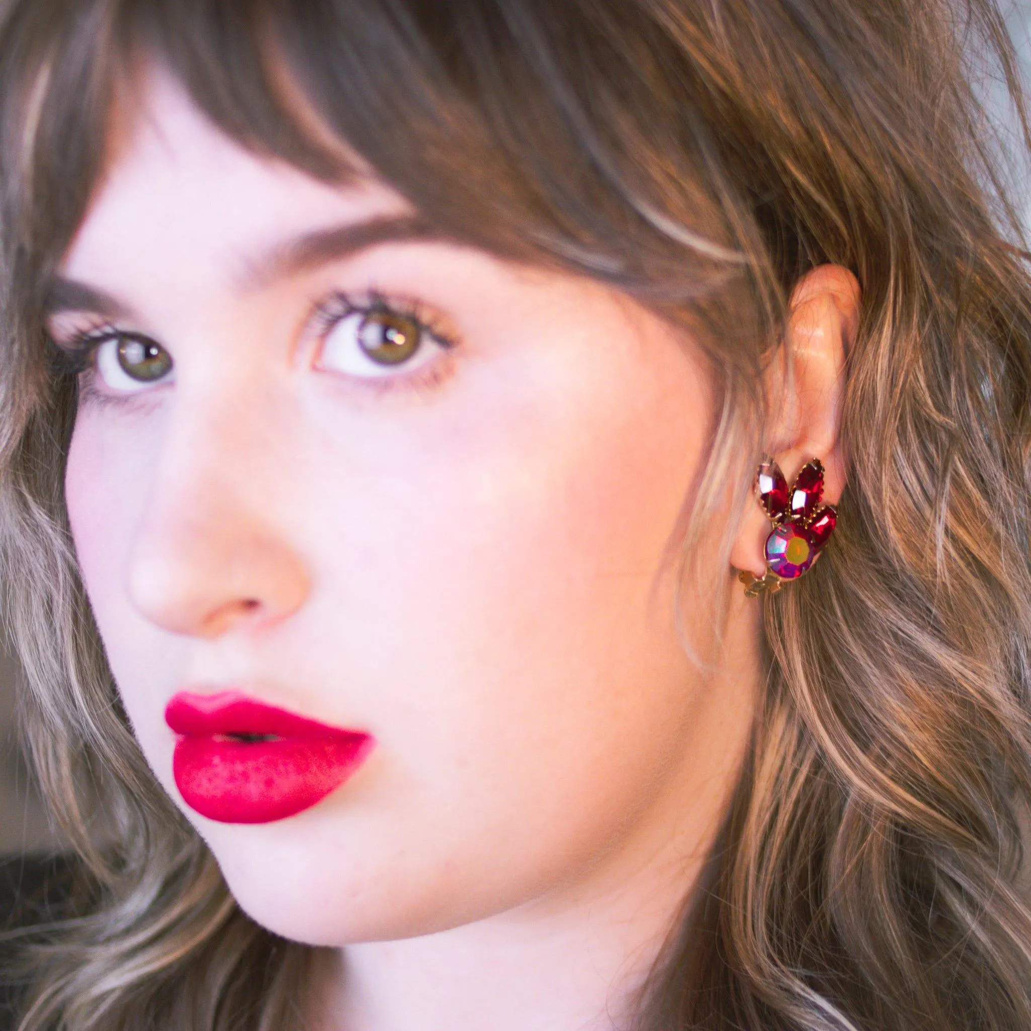 Vintage Red Aurora Borealis Statement Earrings