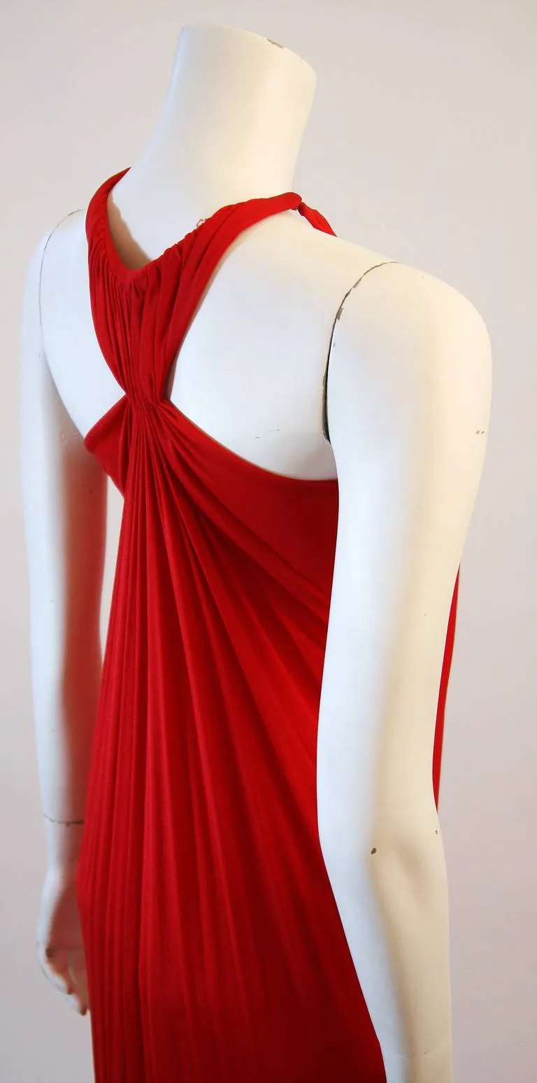 VINTAGE Red Jersey Dress with Gathers and Racer Style Halter