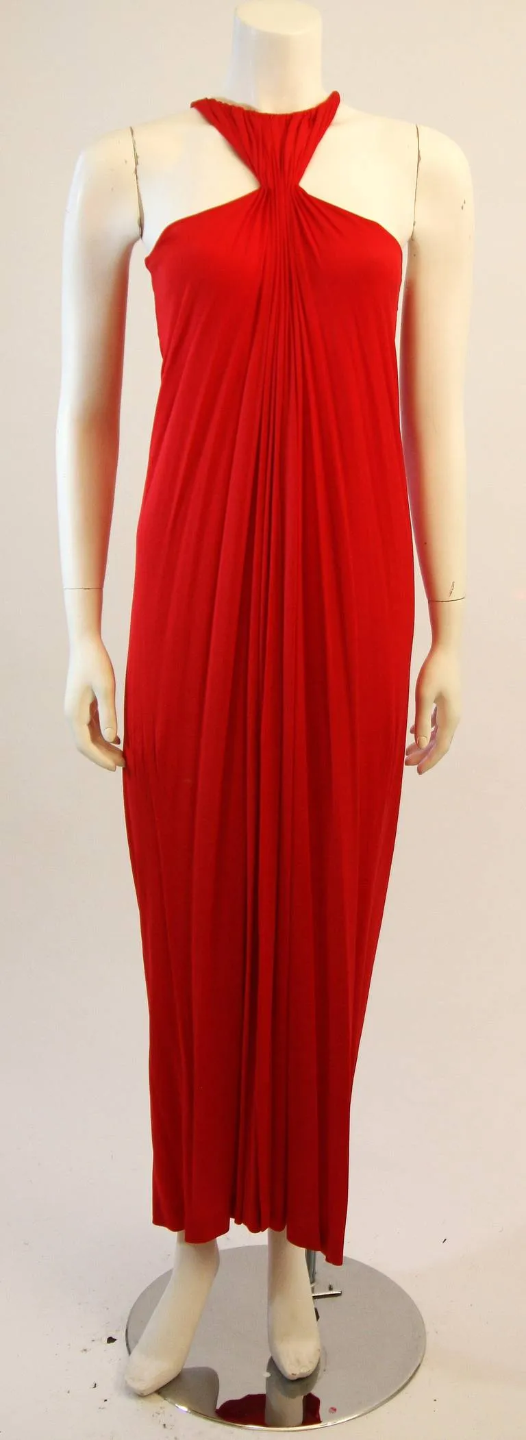 VINTAGE Red Jersey Dress with Gathers and Racer Style Halter