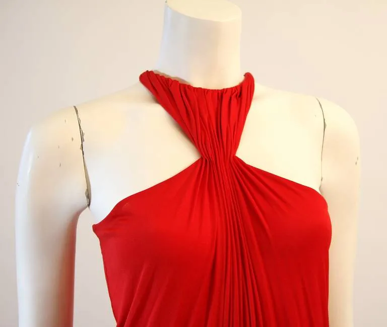 VINTAGE Red Jersey Dress with Gathers and Racer Style Halter