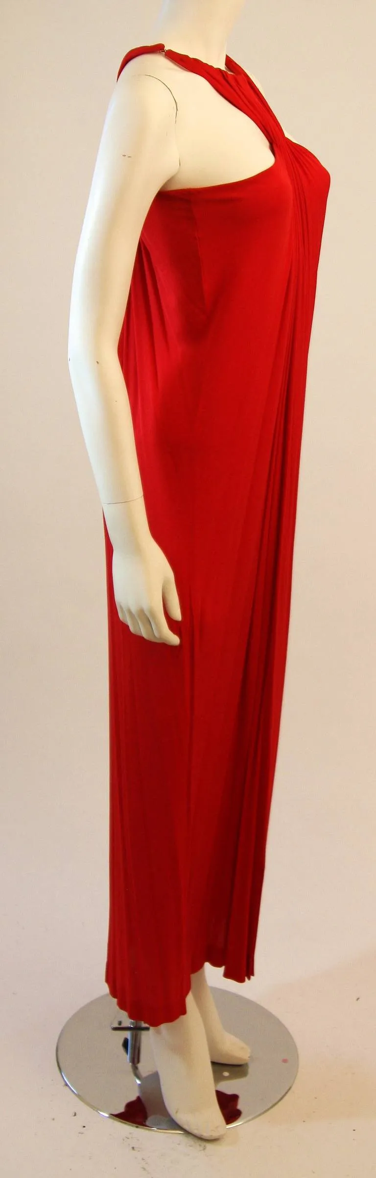 VINTAGE Red Jersey Dress with Gathers and Racer Style Halter
