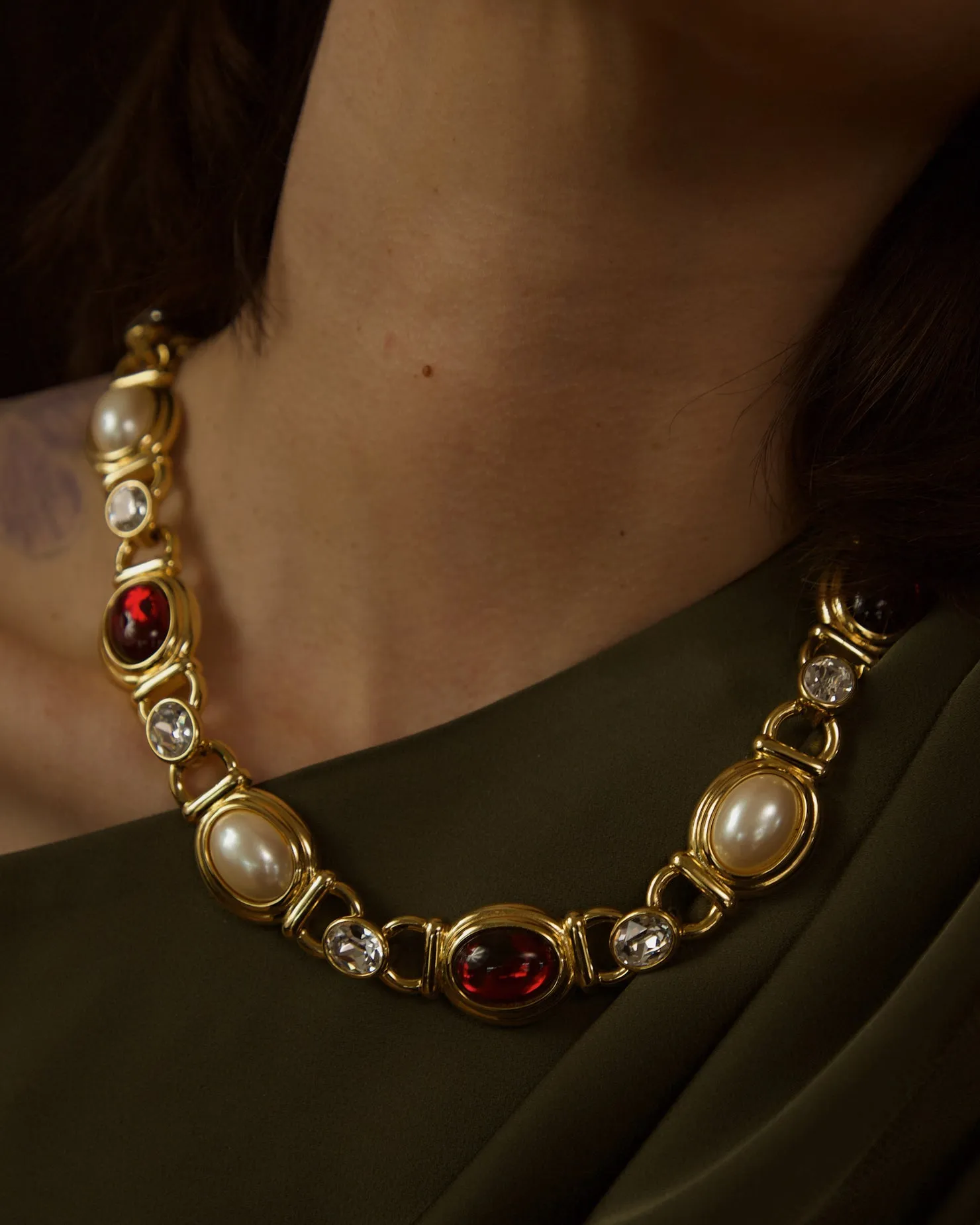 Vintage Ruby & Pearl Cabochon Necklace