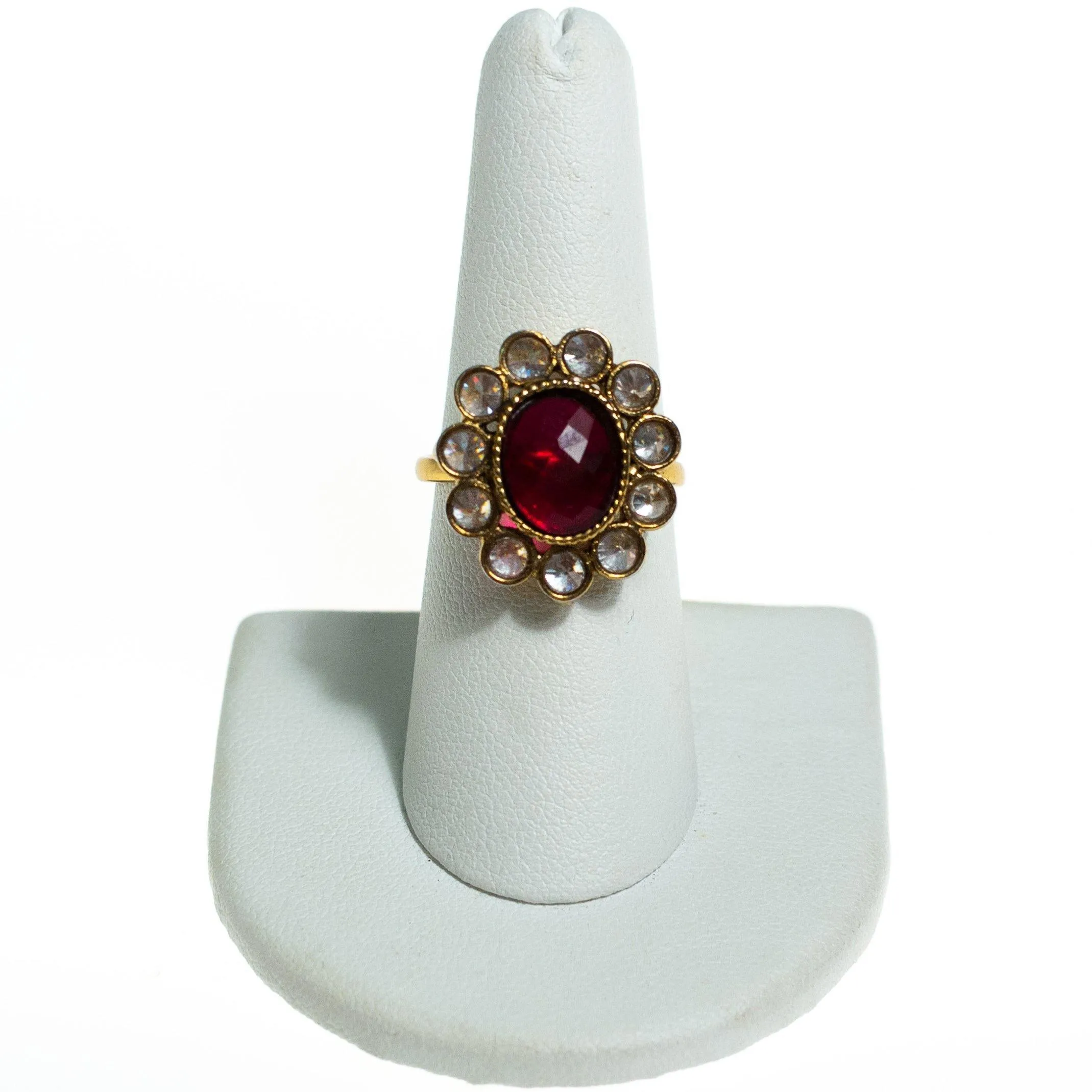 Vintage Ruby Crystal and Bezel Set Crystal Flower Statement Ring