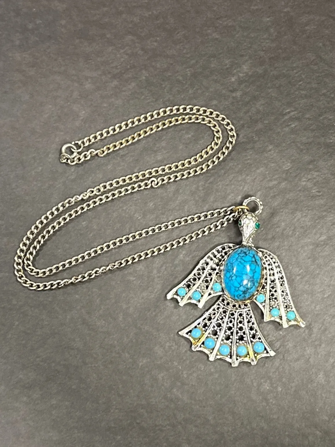 Vintage Southwestern Large Thunderbird Faux Turquoise Cabochon & Silver Tone Pendant Necklace Statement 24.25”