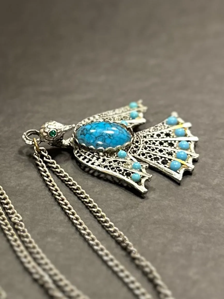 Vintage Southwestern Large Thunderbird Faux Turquoise Cabochon & Silver Tone Pendant Necklace Statement 24.25”