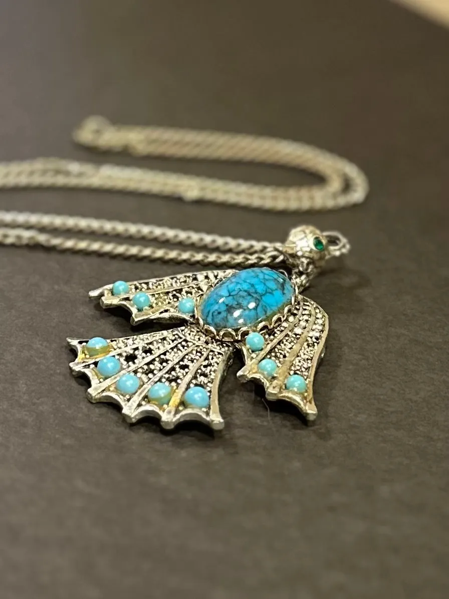 Vintage Southwestern Large Thunderbird Faux Turquoise Cabochon & Silver Tone Pendant Necklace Statement 24.25”
