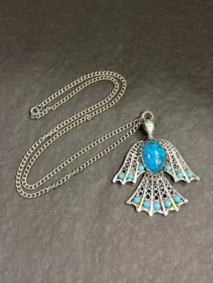 Vintage Southwestern Large Thunderbird Faux Turquoise Cabochon & Silver Tone Pendant Necklace Statement 24.25”