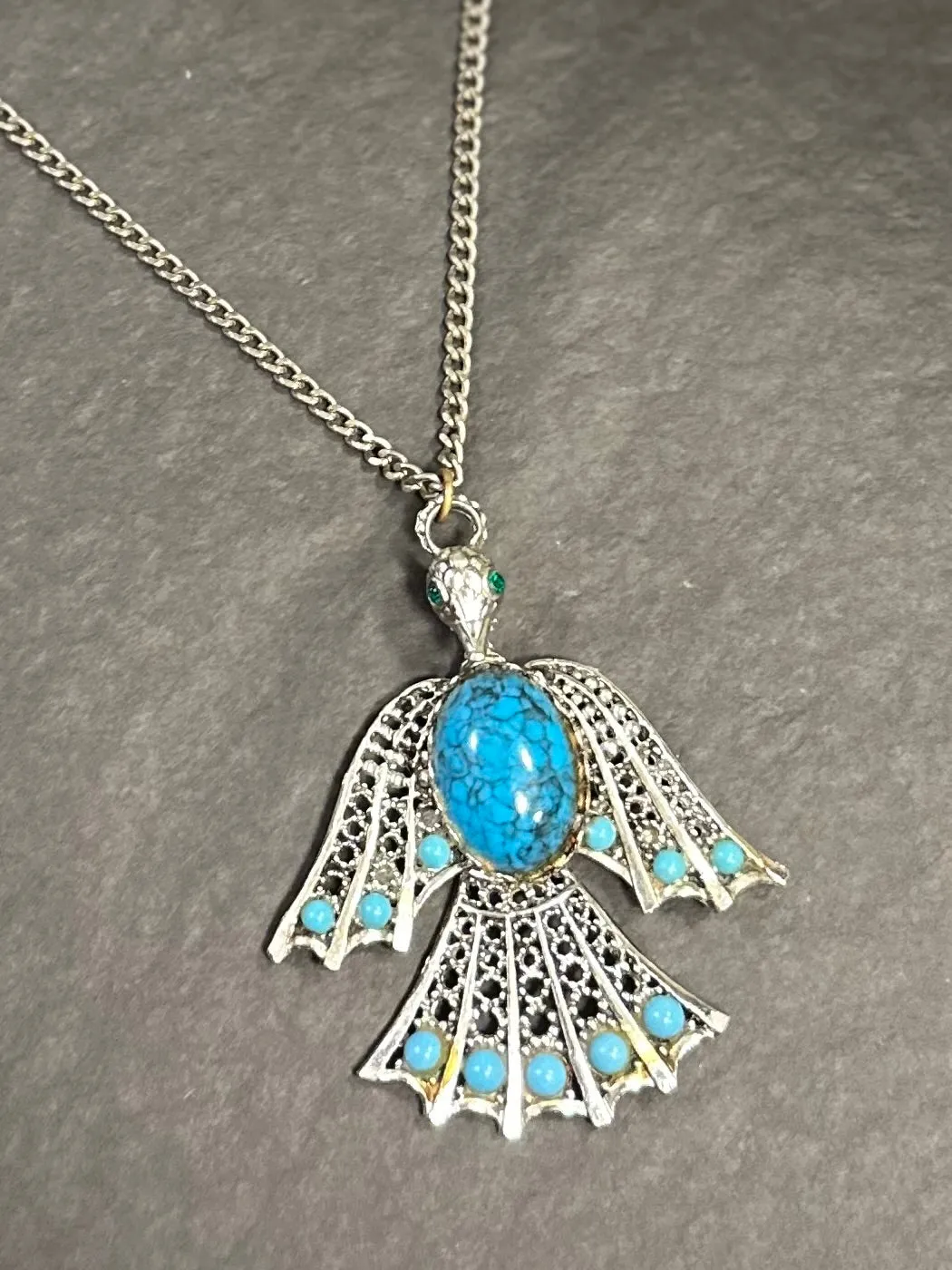 Vintage Southwestern Large Thunderbird Faux Turquoise Cabochon & Silver Tone Pendant Necklace Statement 24.25”