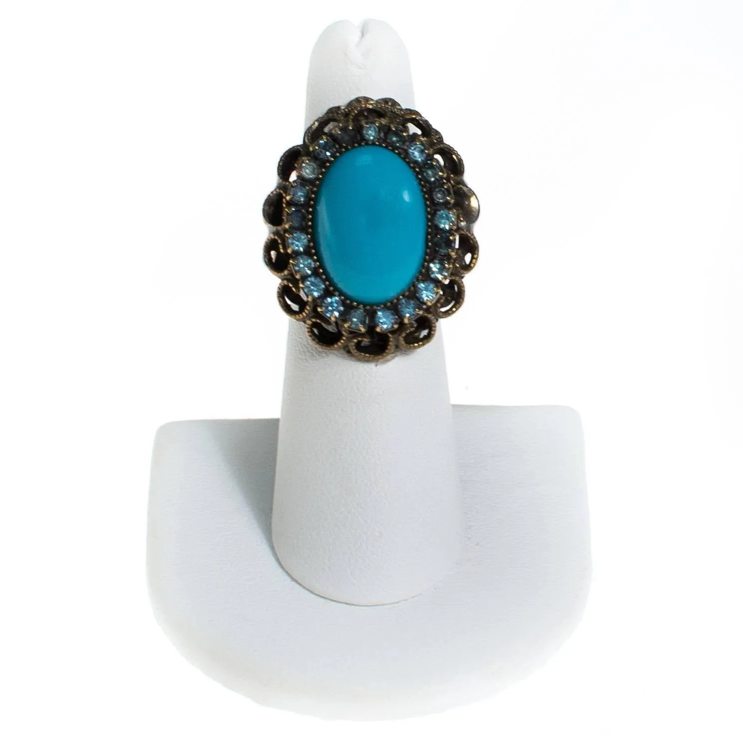 Vintage Turquoise and Rhinestone Statement Ring