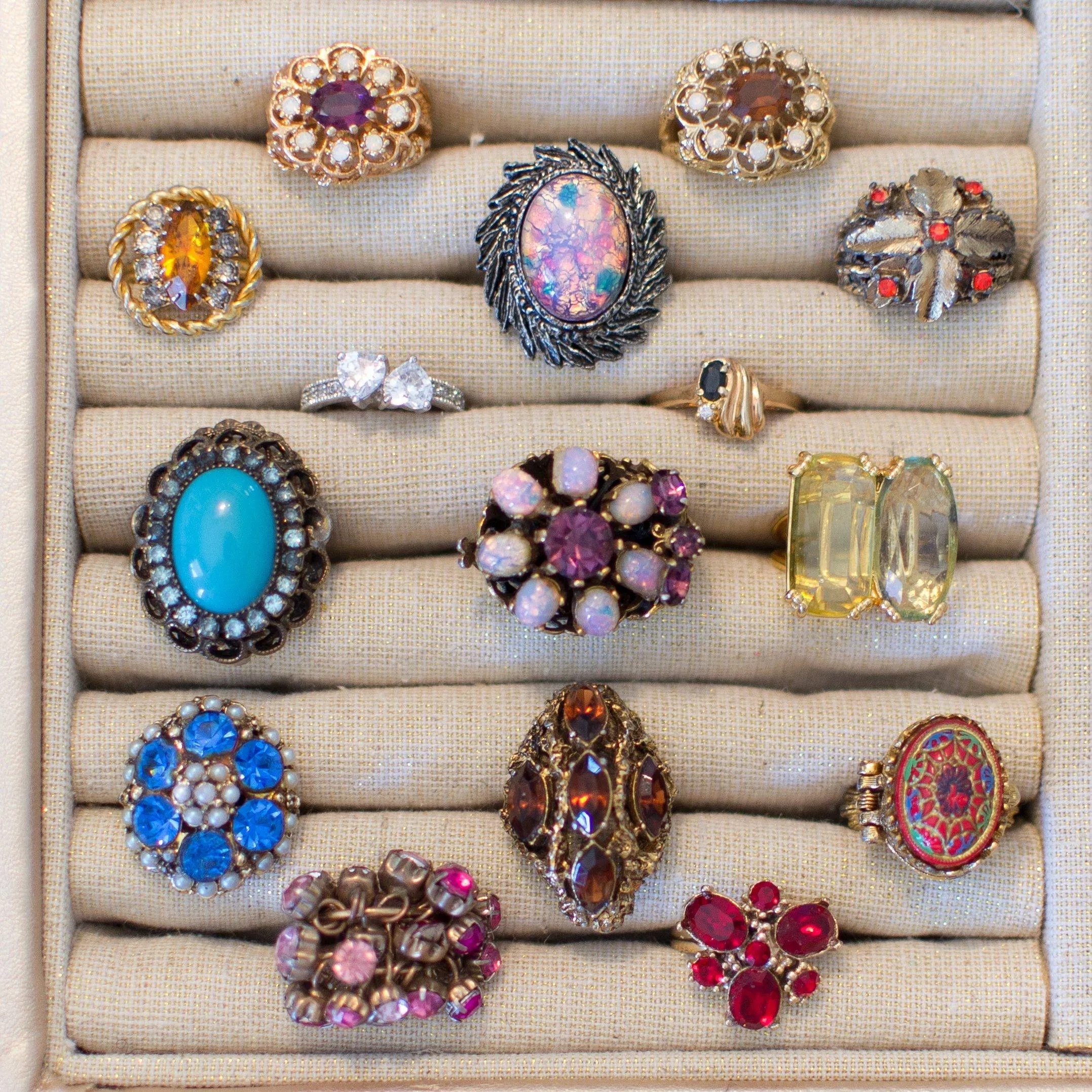 Vintage Turquoise and Rhinestone Statement Ring