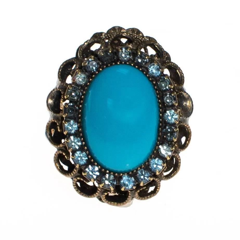 Vintage Turquoise and Rhinestone Statement Ring