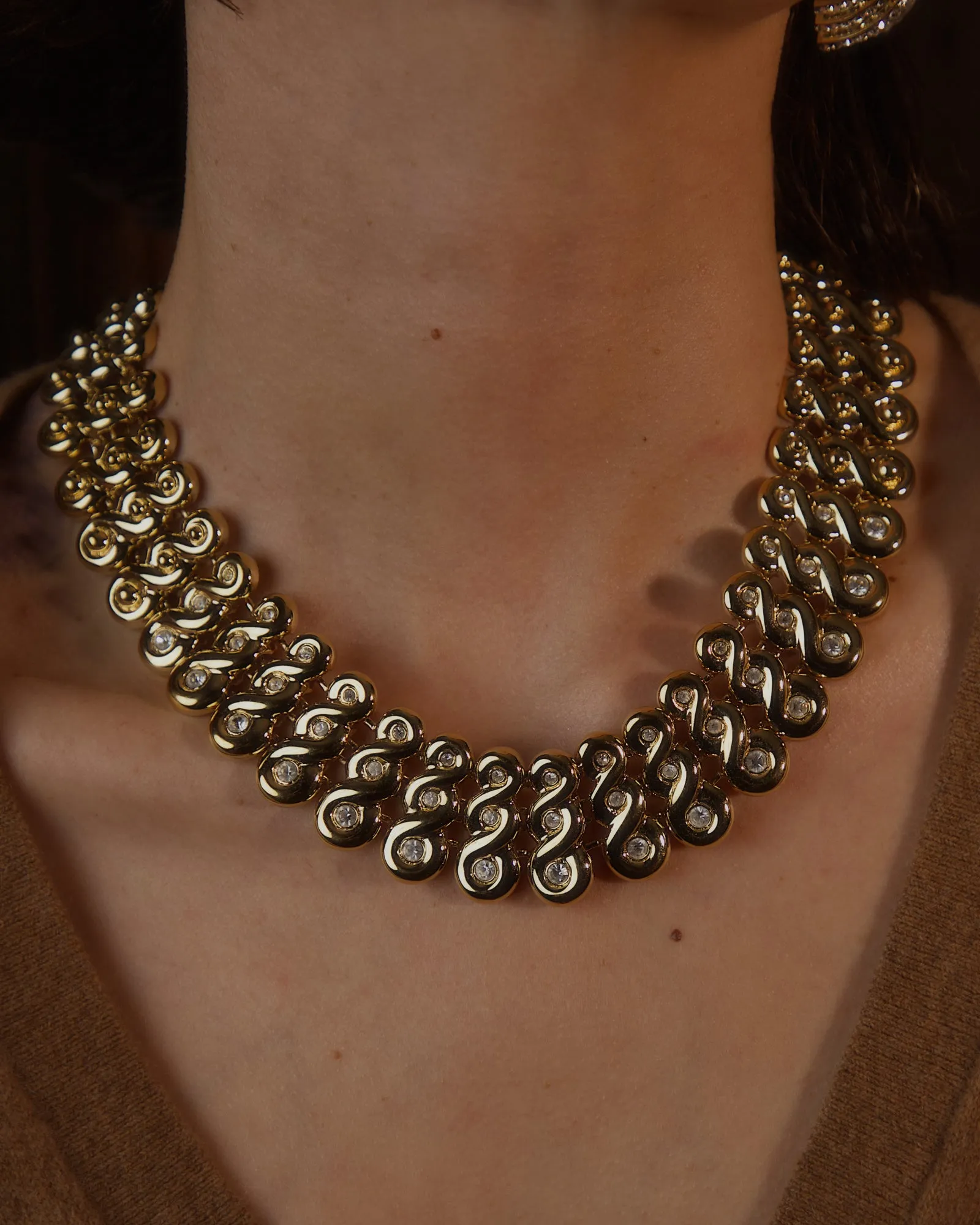 Vintage Twist-Link Rhinestone Statement Necklace