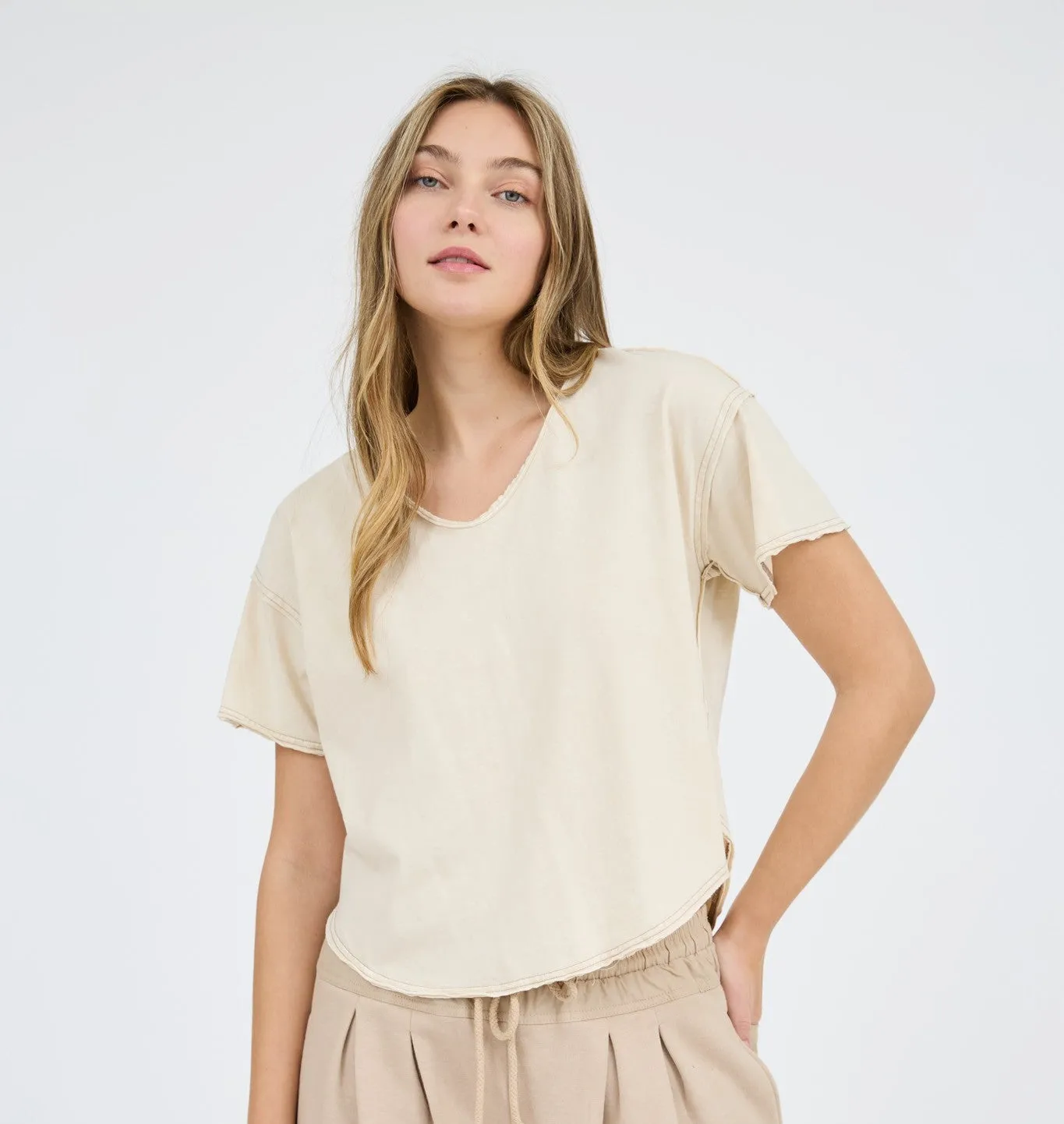 Washed Raw Edge V-Neck