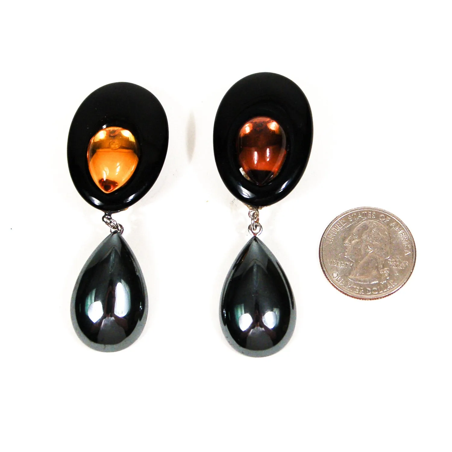 Wendy Gell Statement Earrings in Black with Amber Glass & Hematite