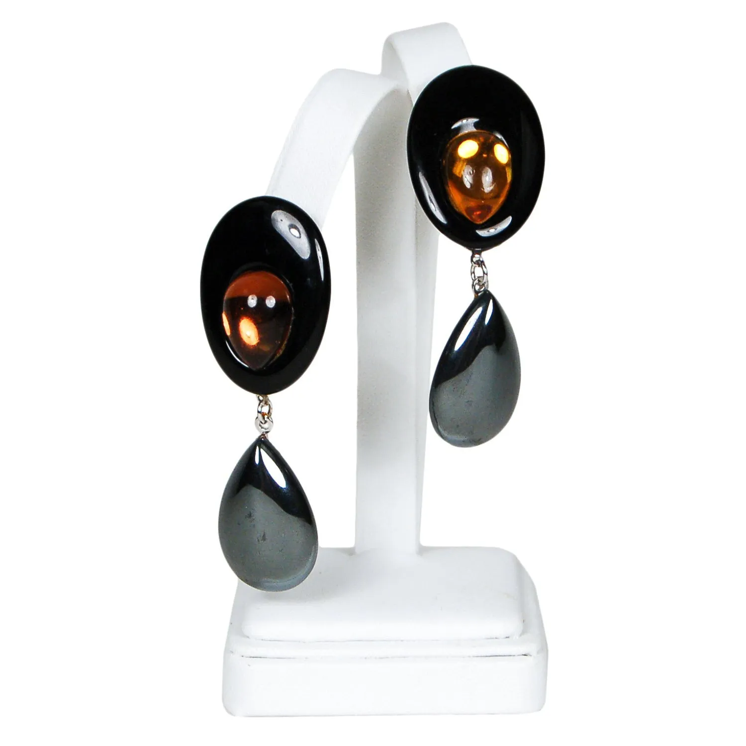 Wendy Gell Statement Earrings in Black with Amber Glass & Hematite