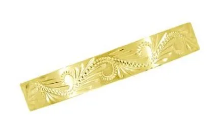 Western Hand Engraved Scrolls & Leaves Antique Style Wedding Band in Yellow Gold - 5mm Wide