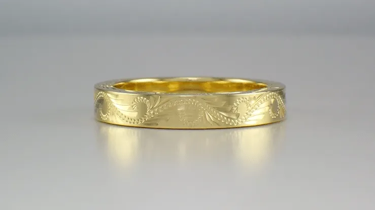 Western Hand Engraved Scrolls & Leaves Antique Style Wedding Band in Yellow Gold - 5mm Wide