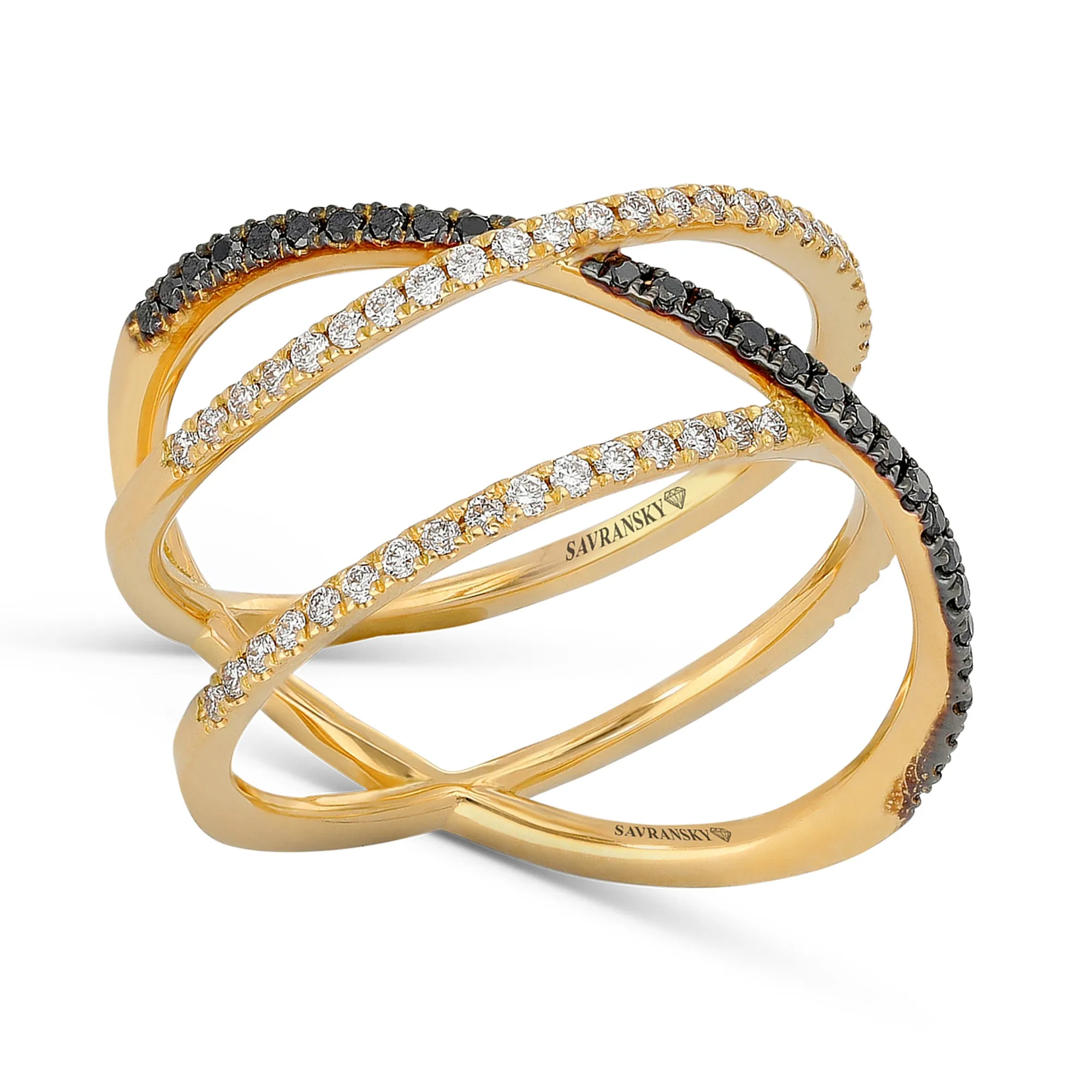 White and Black Diamond Yellow Gold Triple Crossover Band Ring