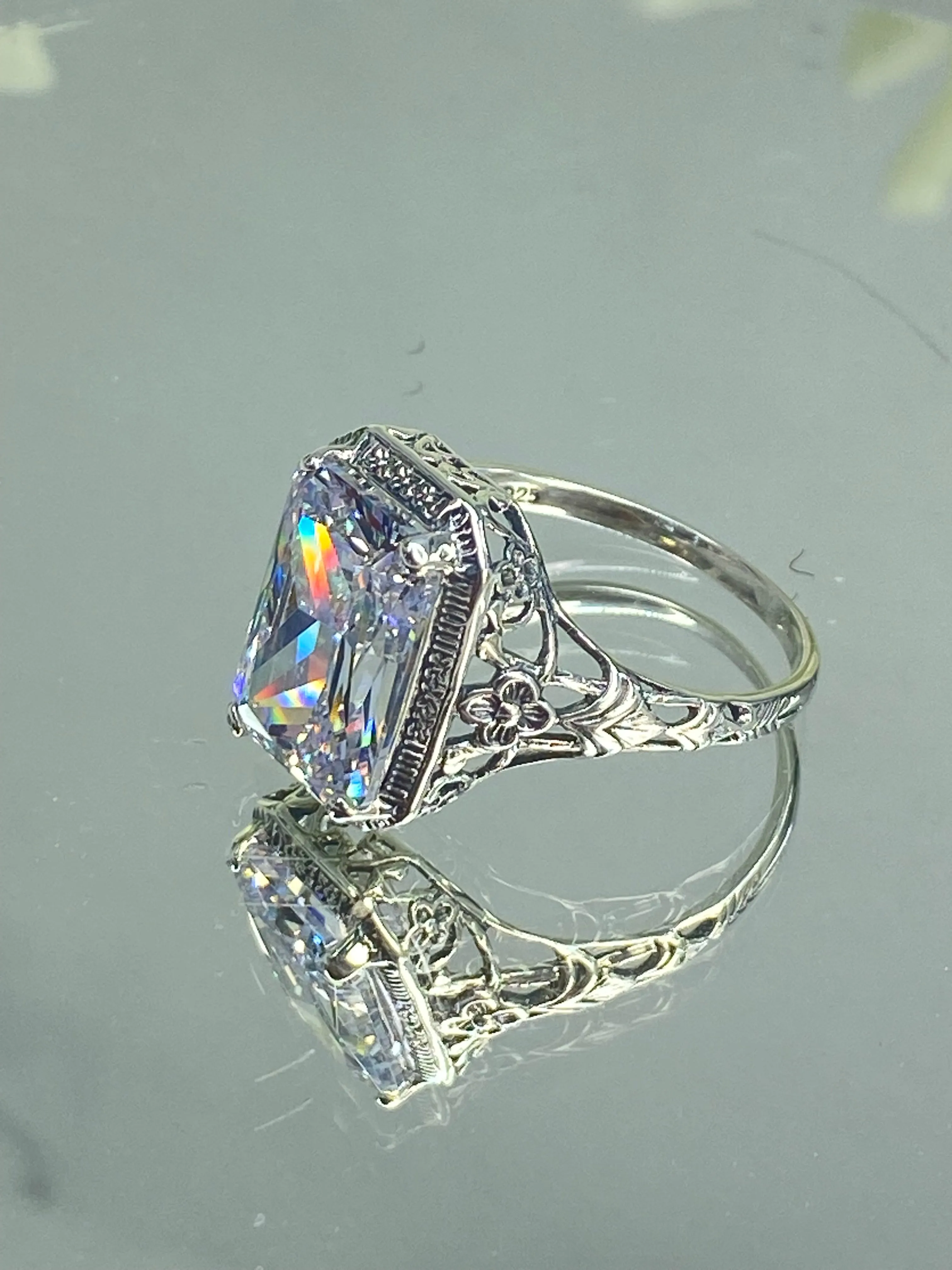 White CZ Ring, Size 10, Cushion Cut Gemstone, Vintage Style Art Nouveau Jewelry, Design#D64 - Ready to Ship