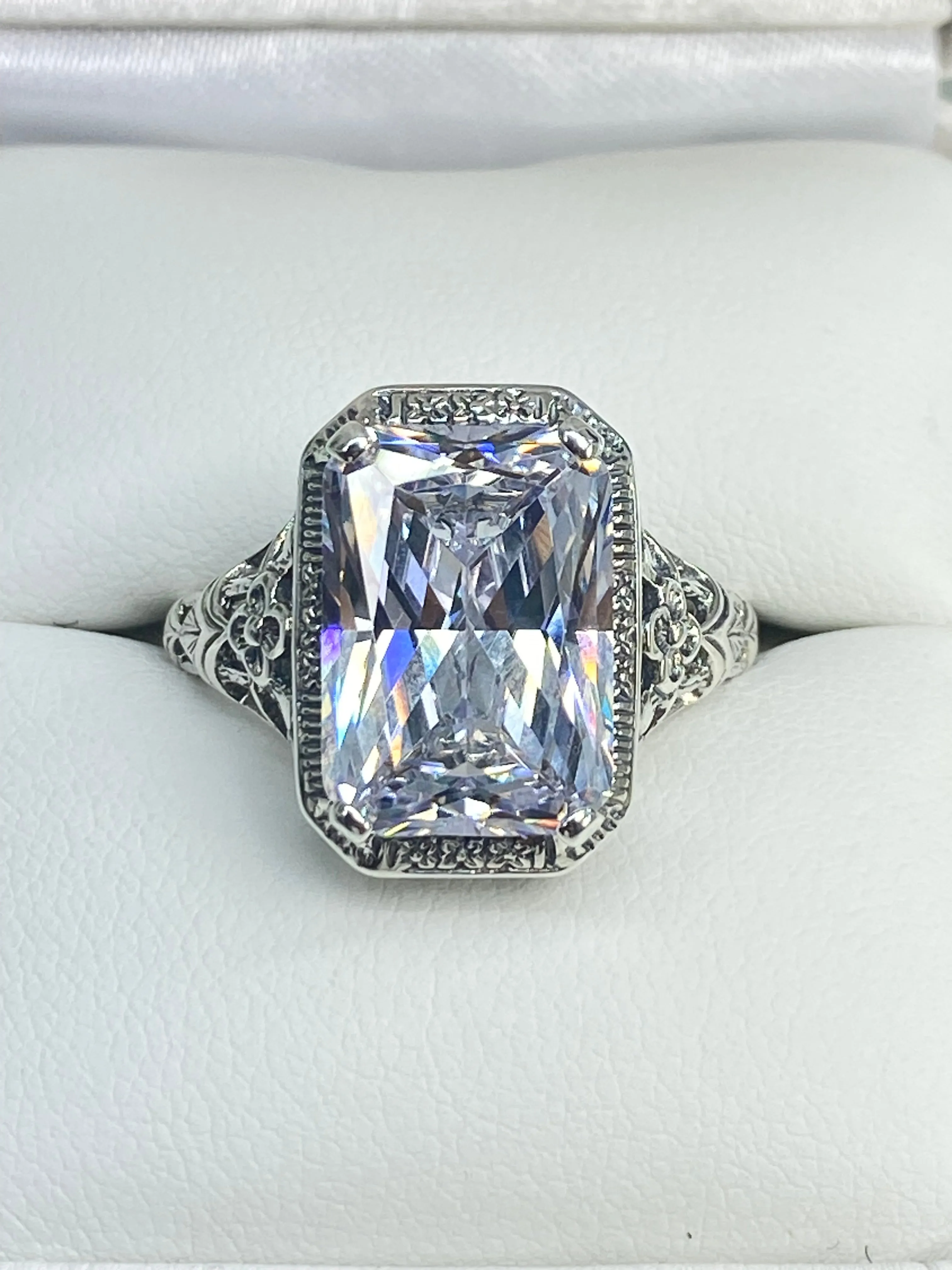 White CZ Ring, Size 10, Cushion Cut Gemstone, Vintage Style Art Nouveau Jewelry, Design#D64 - Ready to Ship