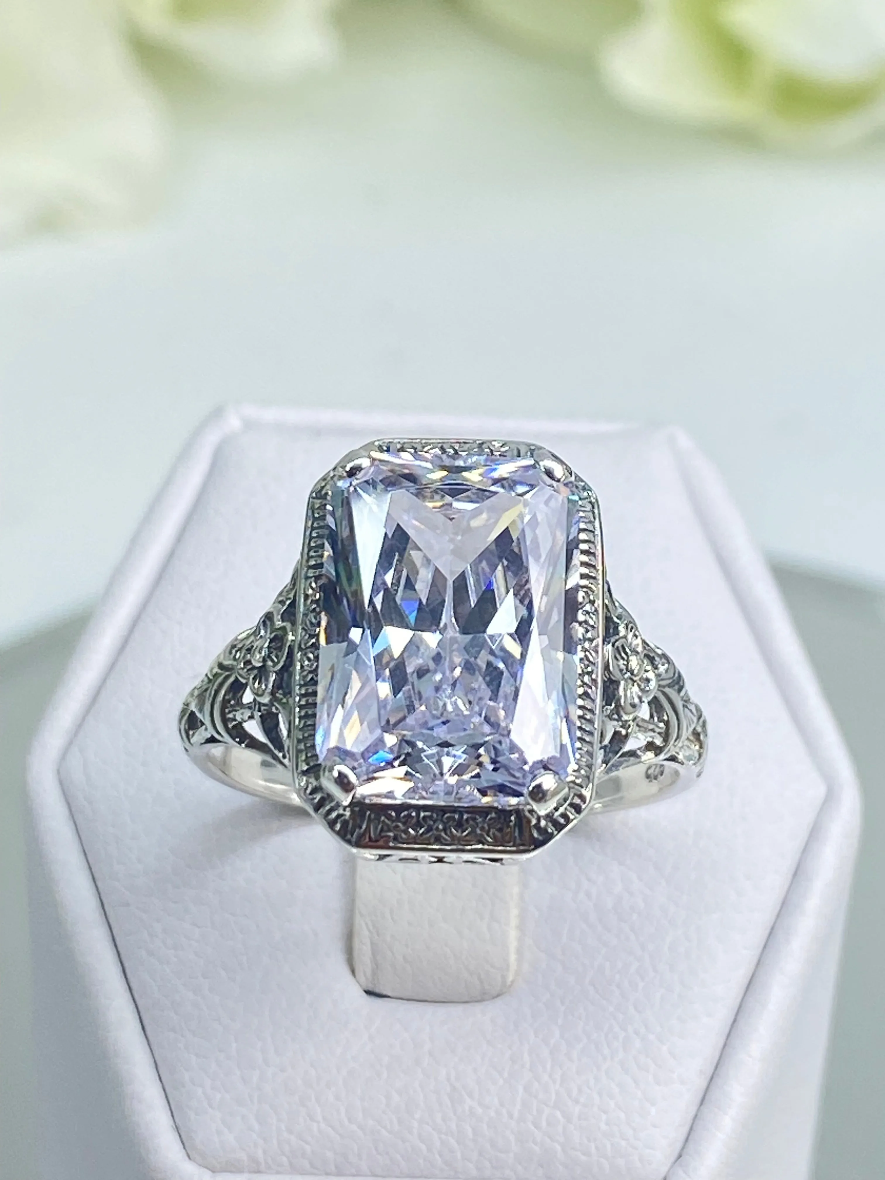 White CZ Ring, Size 10, Cushion Cut Gemstone, Vintage Style Art Nouveau Jewelry, Design#D64 - Ready to Ship