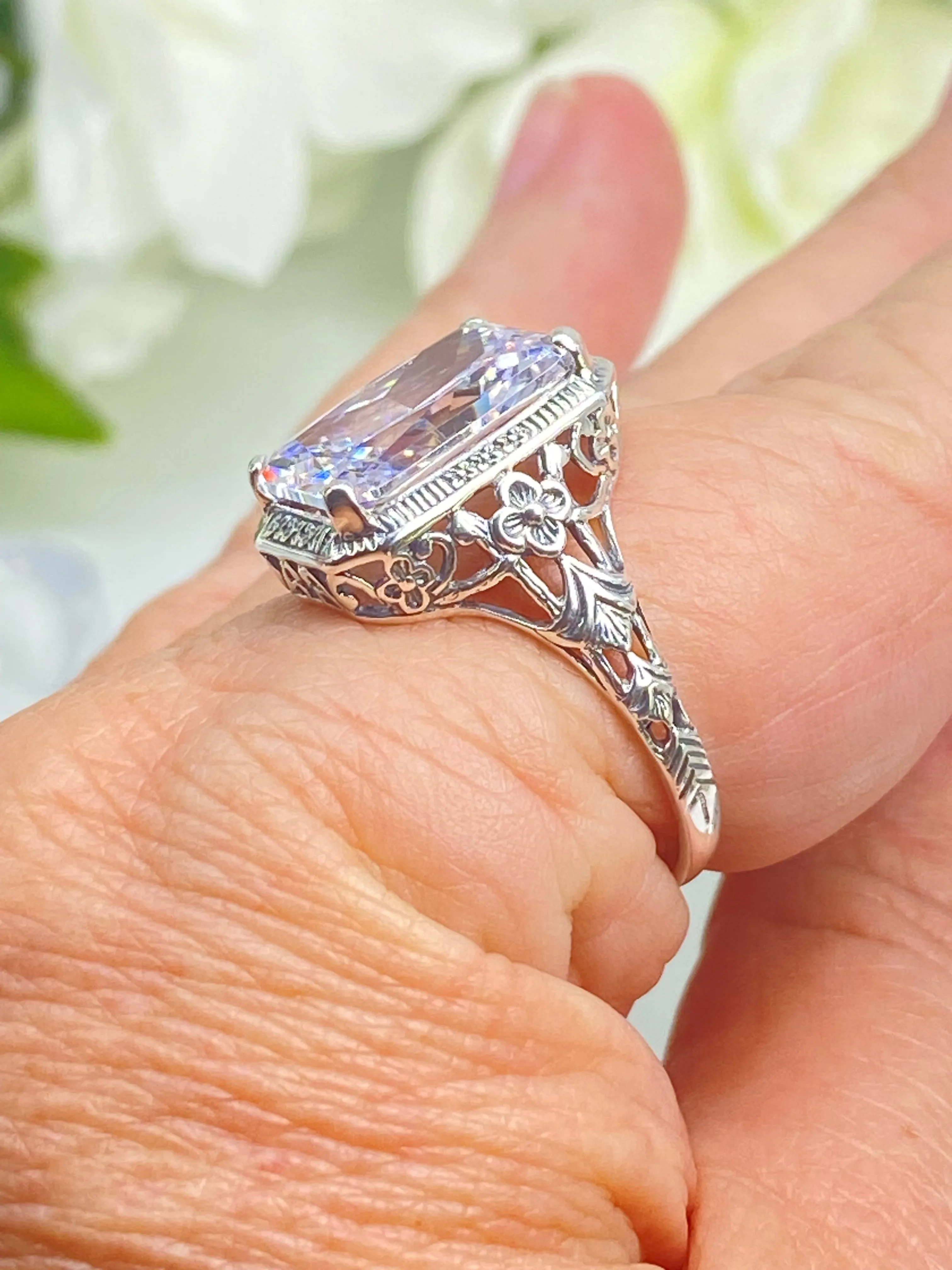 White CZ Ring, Size 10, Cushion Cut Gemstone, Vintage Style Art Nouveau Jewelry, Design#D64 - Ready to Ship