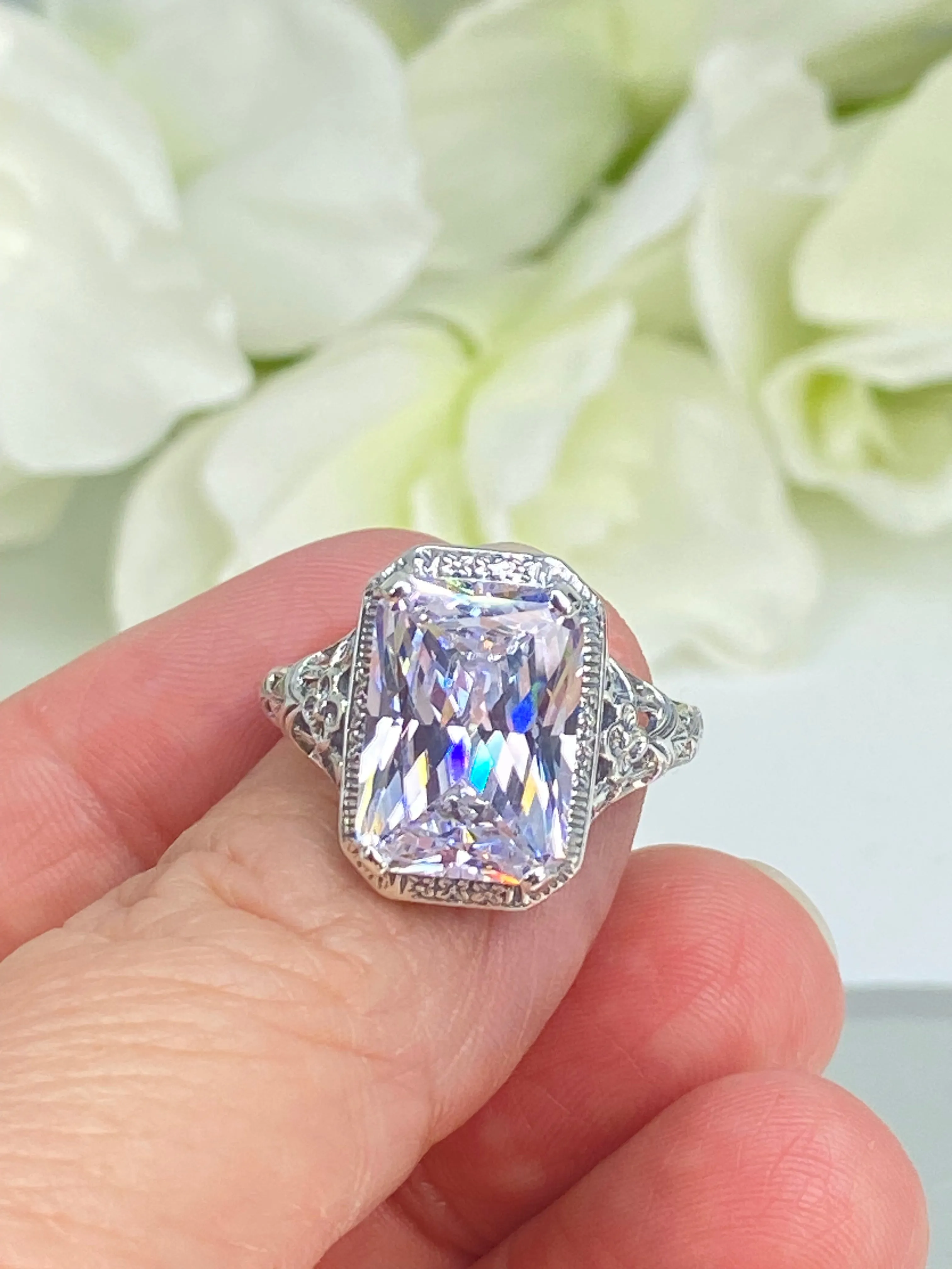 White CZ Ring, Size 10, Cushion Cut Gemstone, Vintage Style Art Nouveau Jewelry, Design#D64 - Ready to Ship