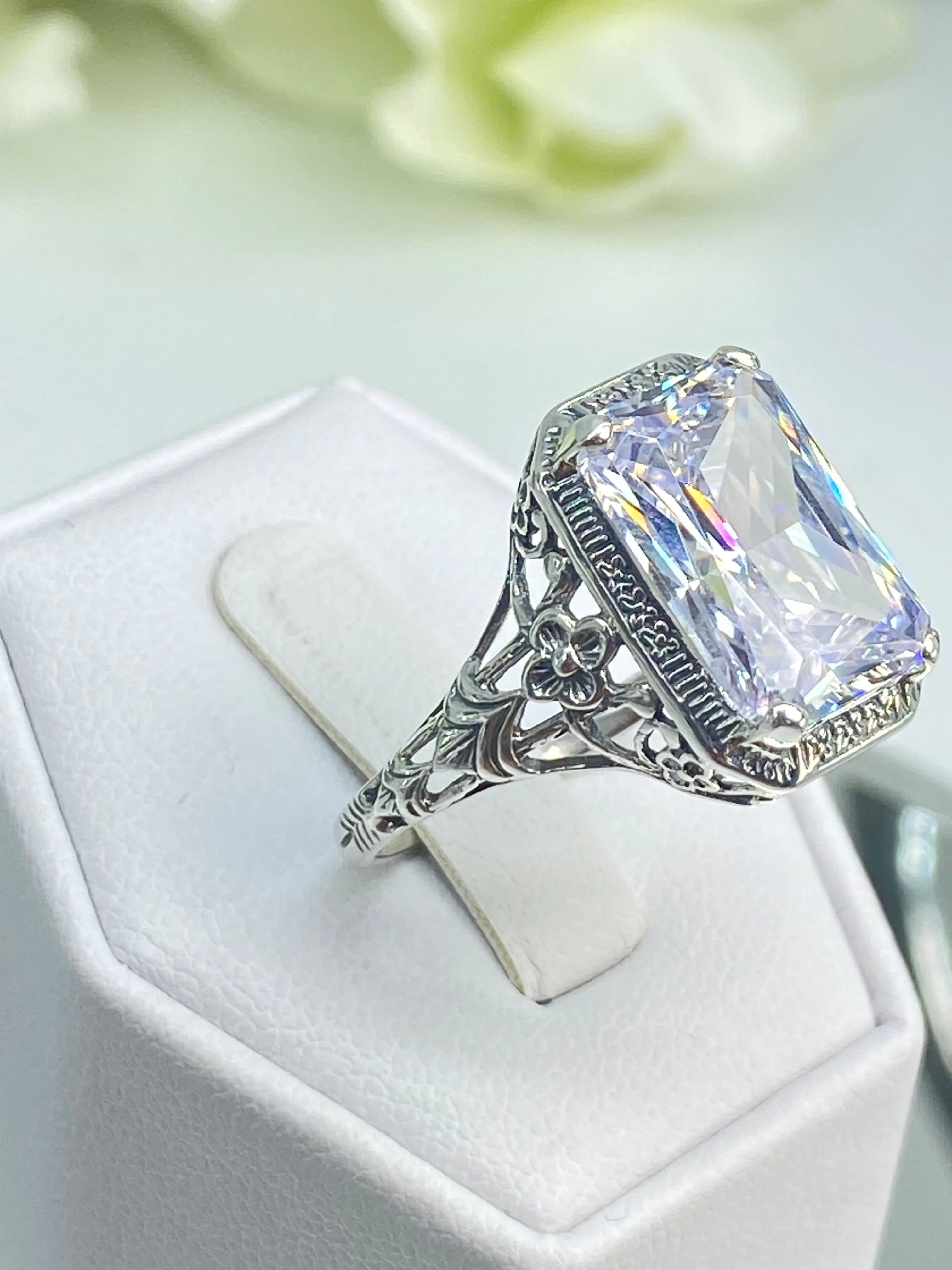 White CZ Ring, Size 10, Cushion Cut Gemstone, Vintage Style Art Nouveau Jewelry, Design#D64 - Ready to Ship