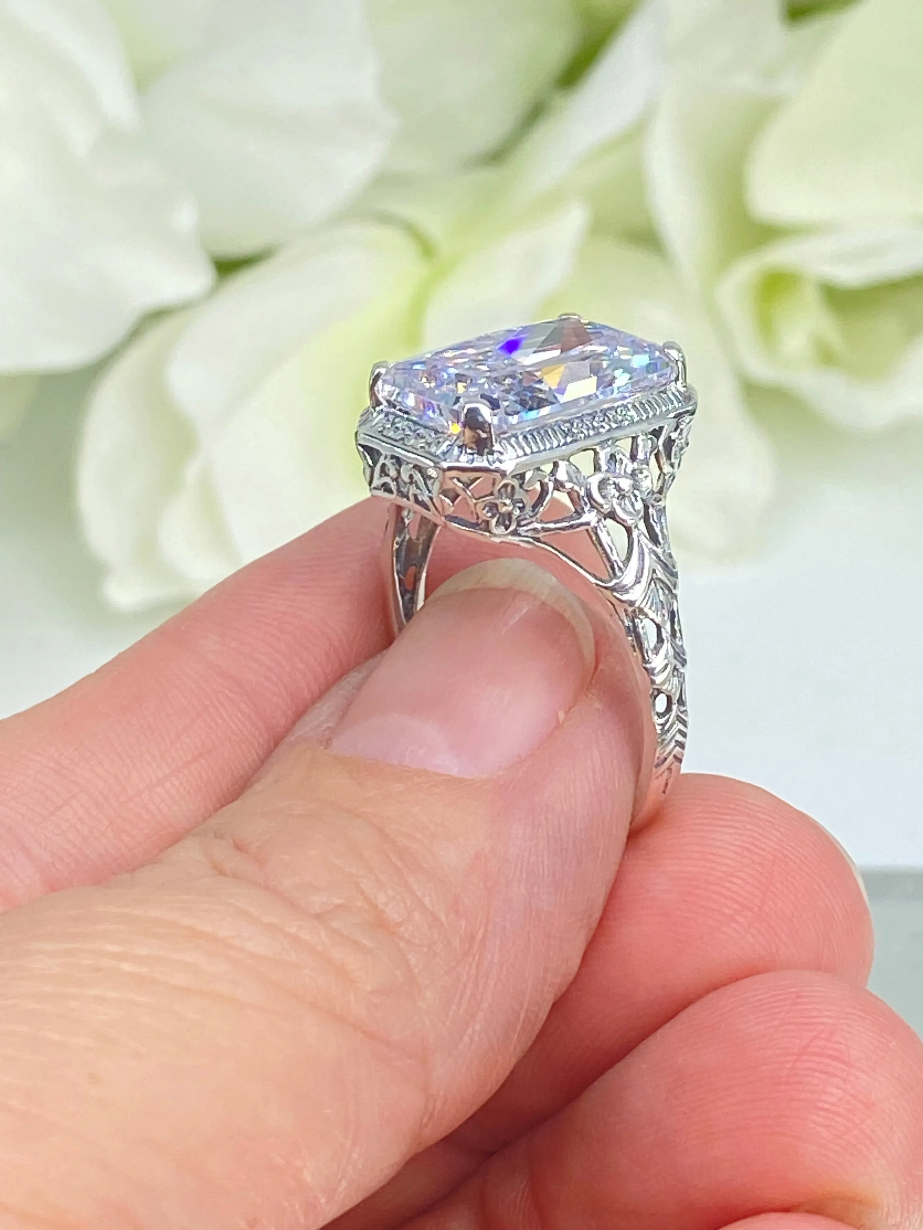 White CZ Ring, Size 10, Cushion Cut Gemstone, Vintage Style Art Nouveau Jewelry, Design#D64 - Ready to Ship