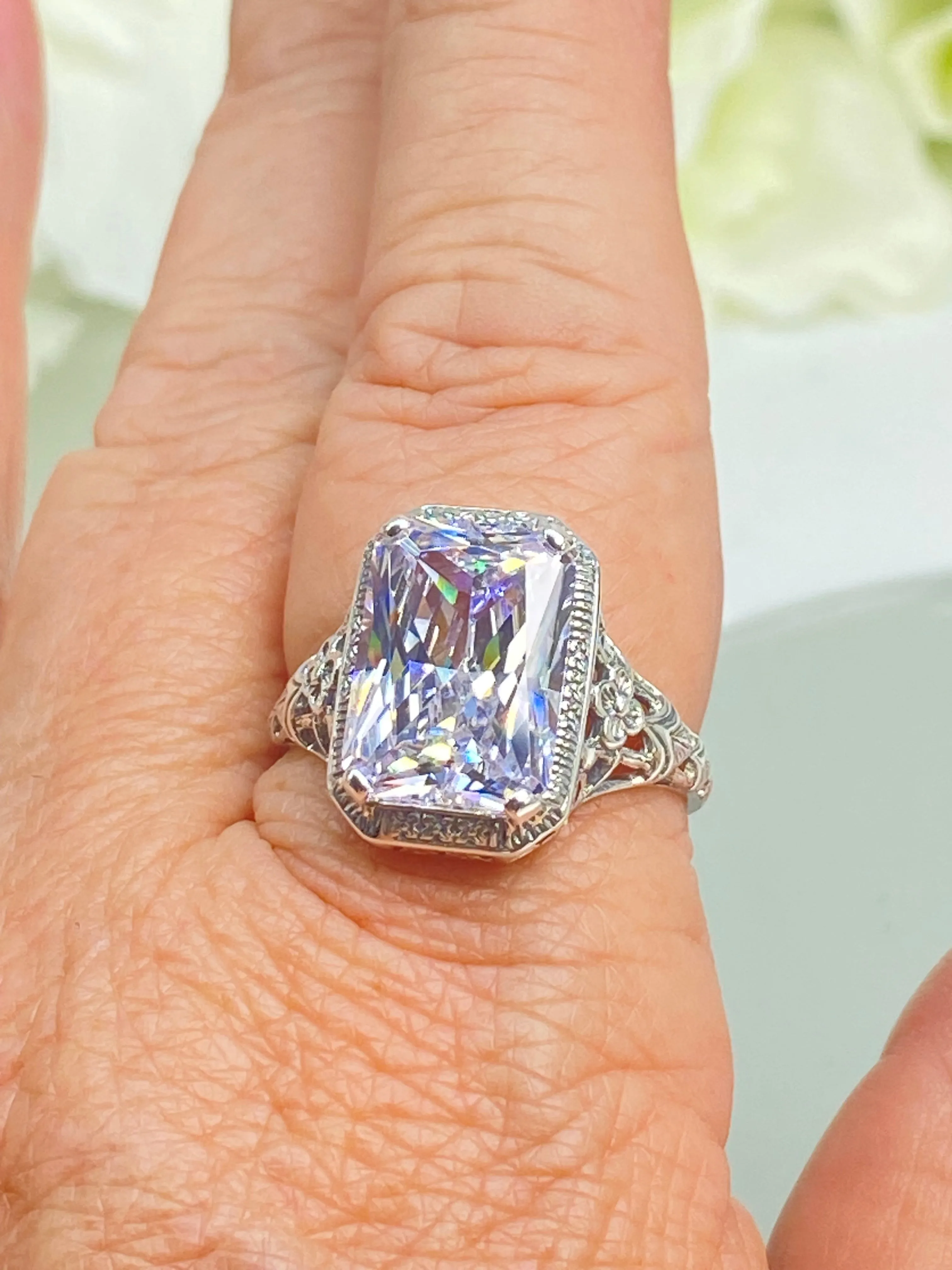 White CZ Ring, Size 10, Cushion Cut Gemstone, Vintage Style Art Nouveau Jewelry, Design#D64 - Ready to Ship