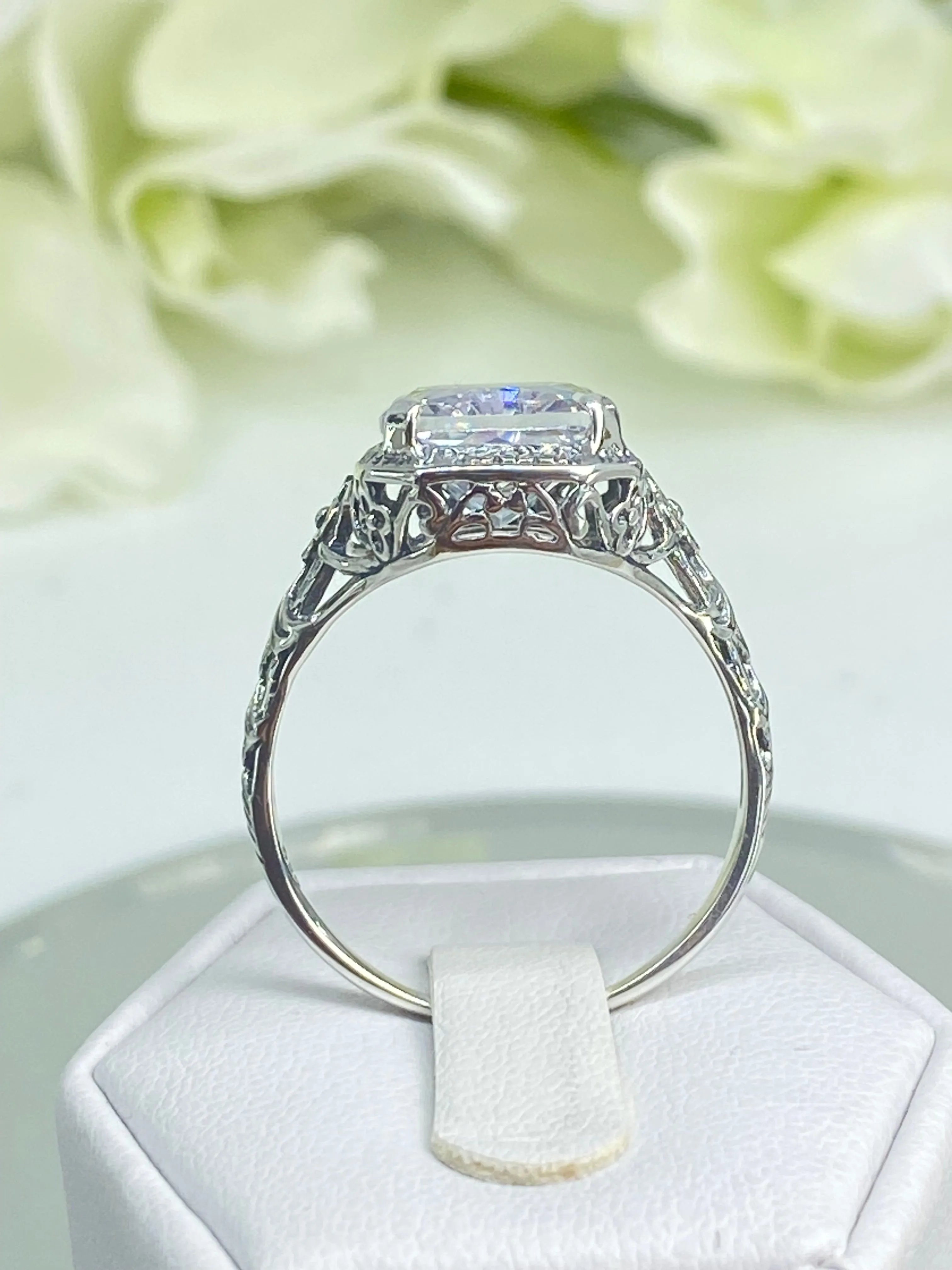 White CZ Ring, Size 10, Cushion Cut Gemstone, Vintage Style Art Nouveau Jewelry, Design#D64 - Ready to Ship