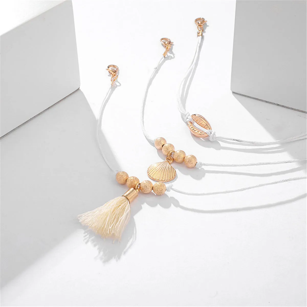 White Polyster & 18K Gold-Plated Shell Charm Anklet Set