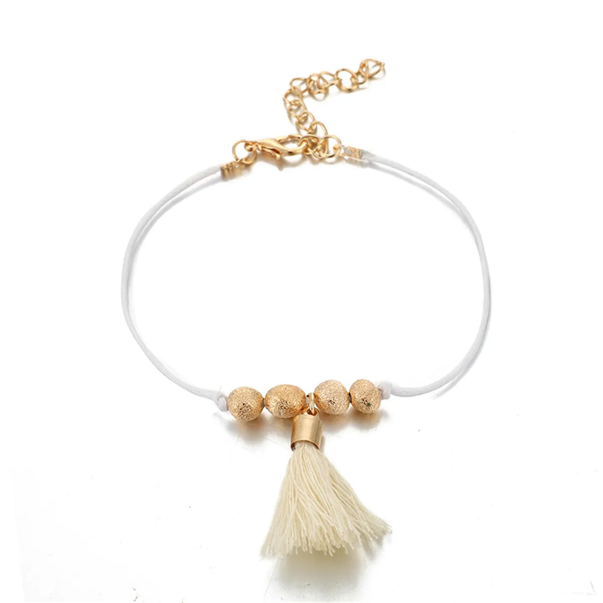 White Polyster & 18K Gold-Plated Shell Charm Anklet Set