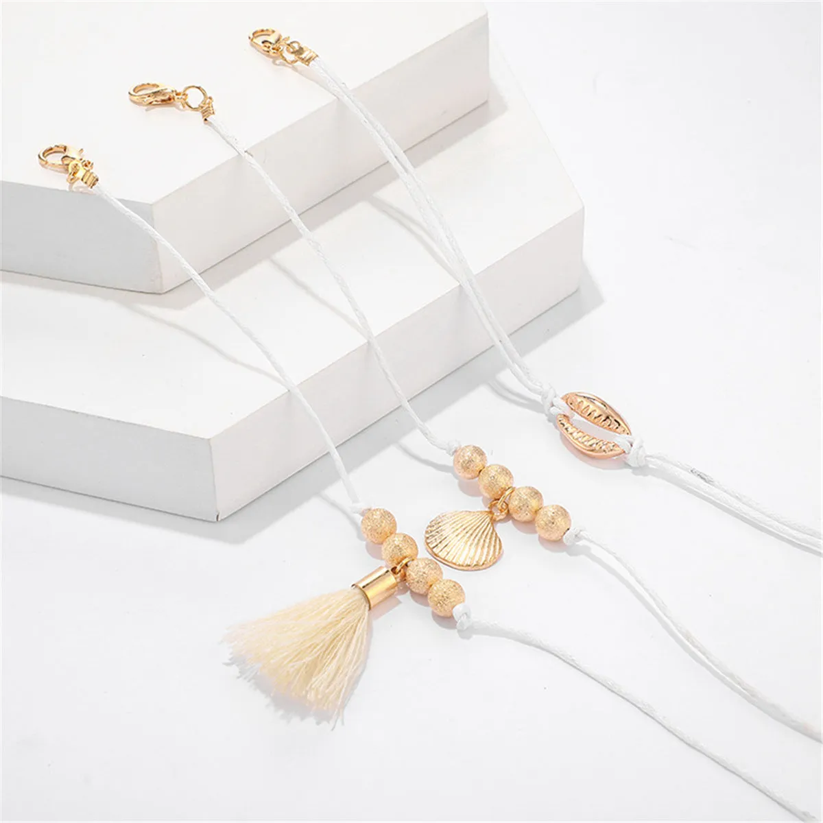 White Polyster & 18K Gold-Plated Shell Charm Anklet Set
