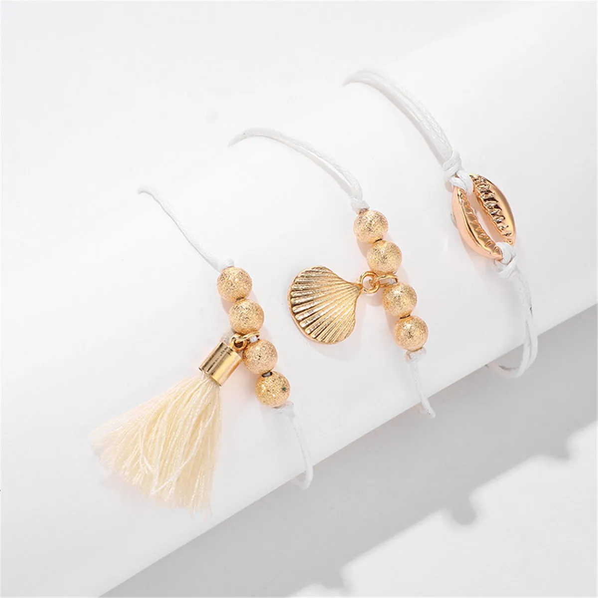 White Polyster & 18K Gold-Plated Shell Charm Anklet Set