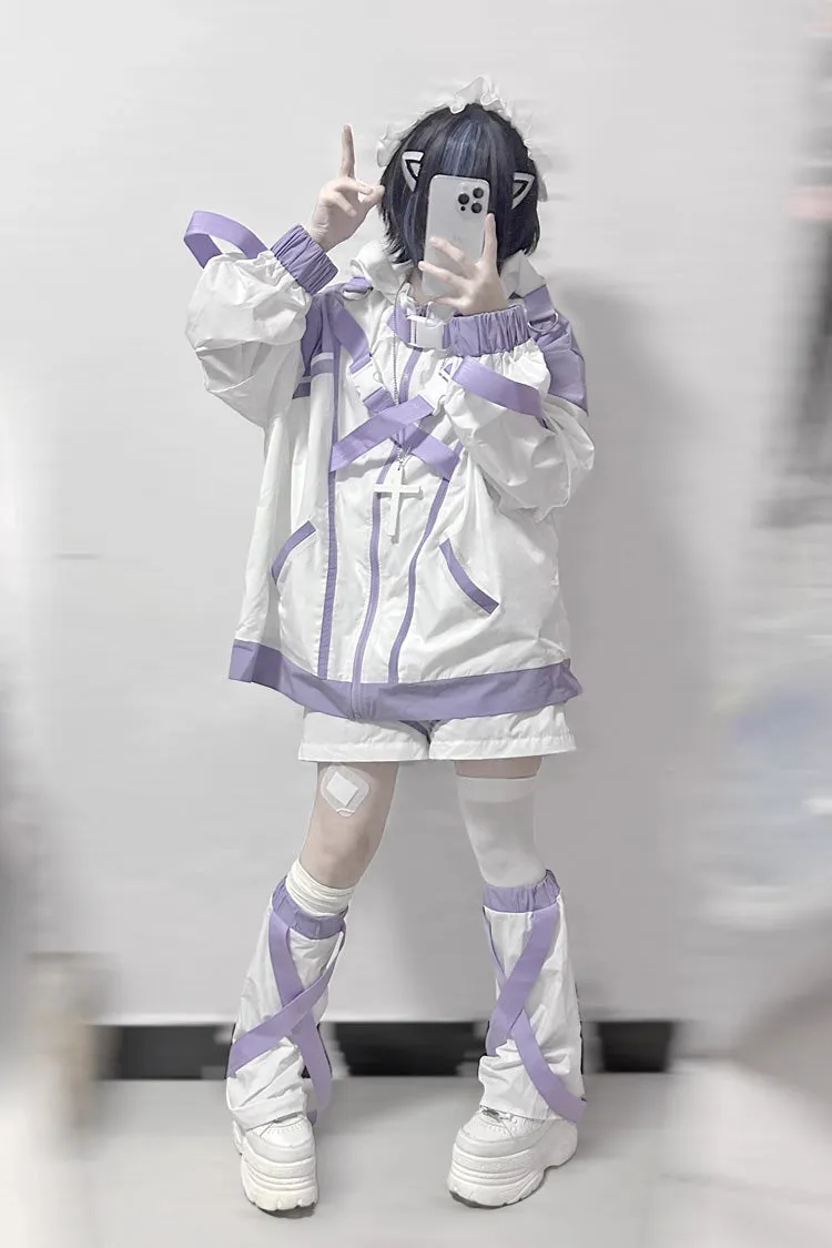 White/Purple Cyberpunk Functional Print Hooded Jirai Kei Japanese Sports Coat