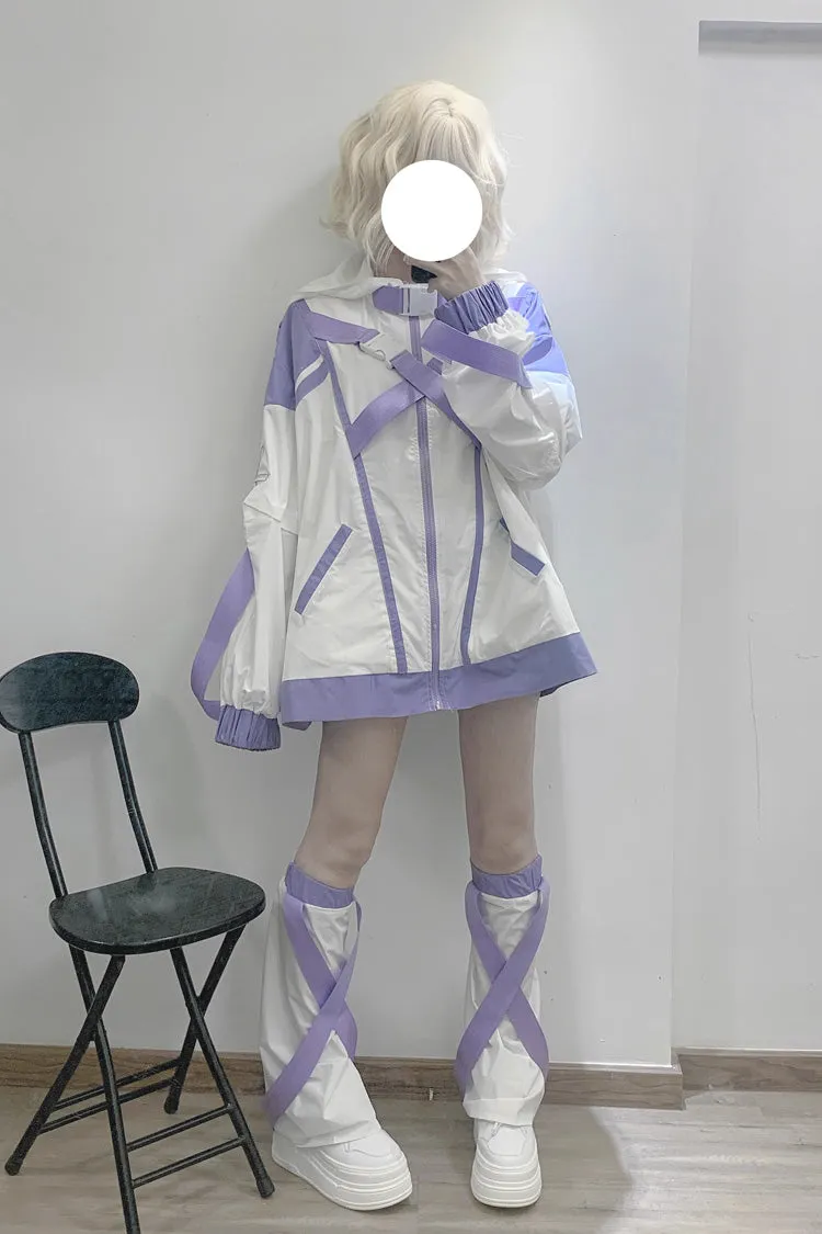 White/Purple Cyberpunk Functional Print Hooded Jirai Kei Japanese Sports Coat