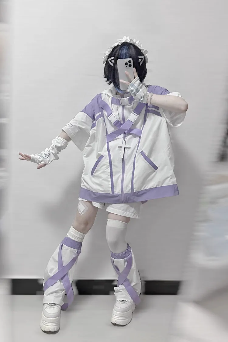 White/Purple Cyberpunk Functional Print Hooded Jirai Kei Japanese Sports Coat