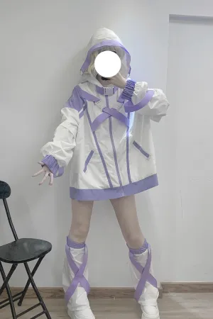 White/Purple Cyberpunk Functional Print Hooded Jirai Kei Japanese Sports Coat