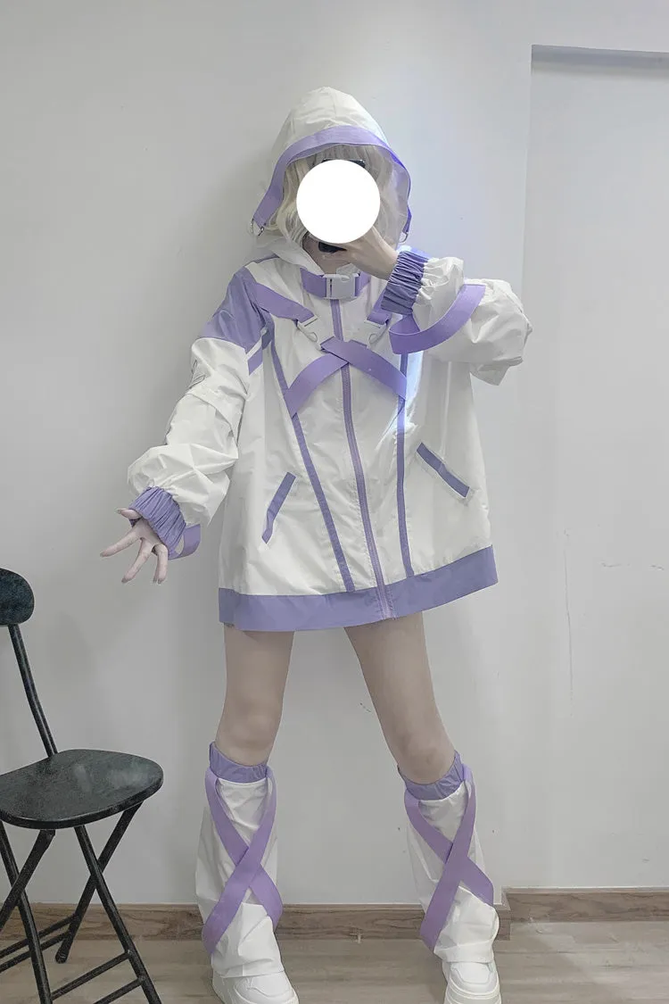 White/Purple Cyberpunk Functional Print Hooded Jirai Kei Japanese Sports Coat