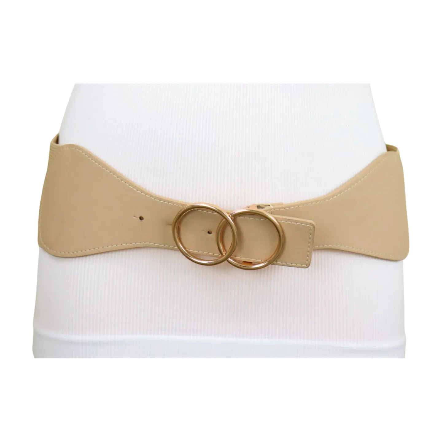 Women Beige Nude Wide Elastic Band Fashion Belt Gold Metal Circle Buckle S M