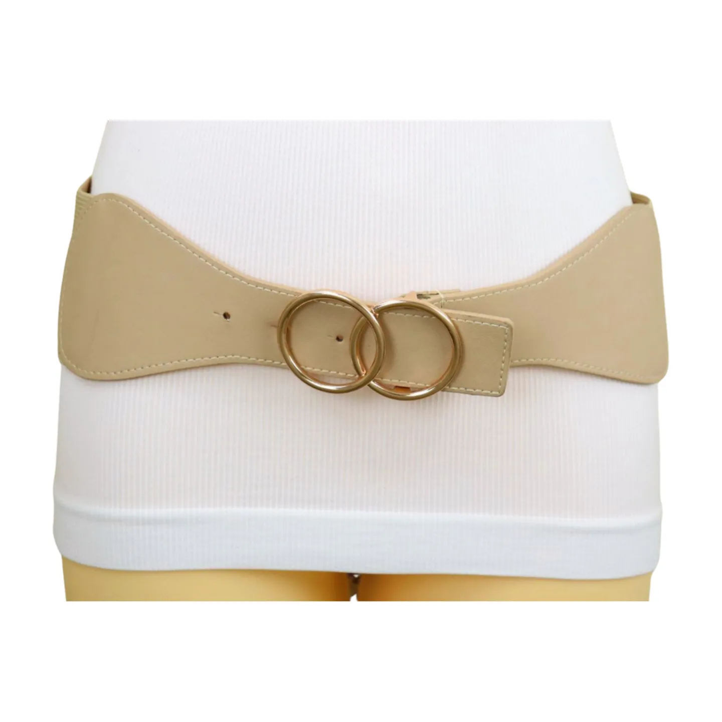 Women Beige Nude Wide Elastic Band Fashion Belt Gold Metal Circle Buckle S M
