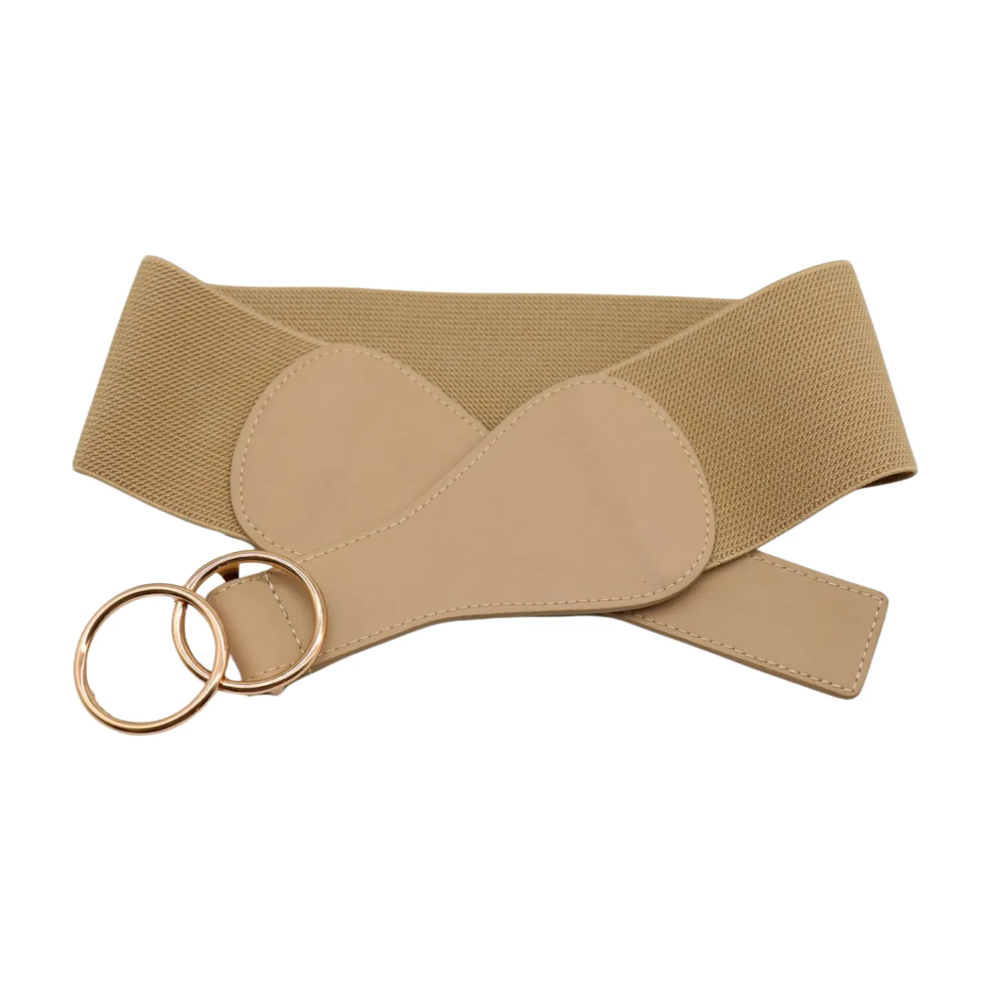 Women Beige Nude Wide Elastic Band Fashion Belt Gold Metal Circle Buckle S M