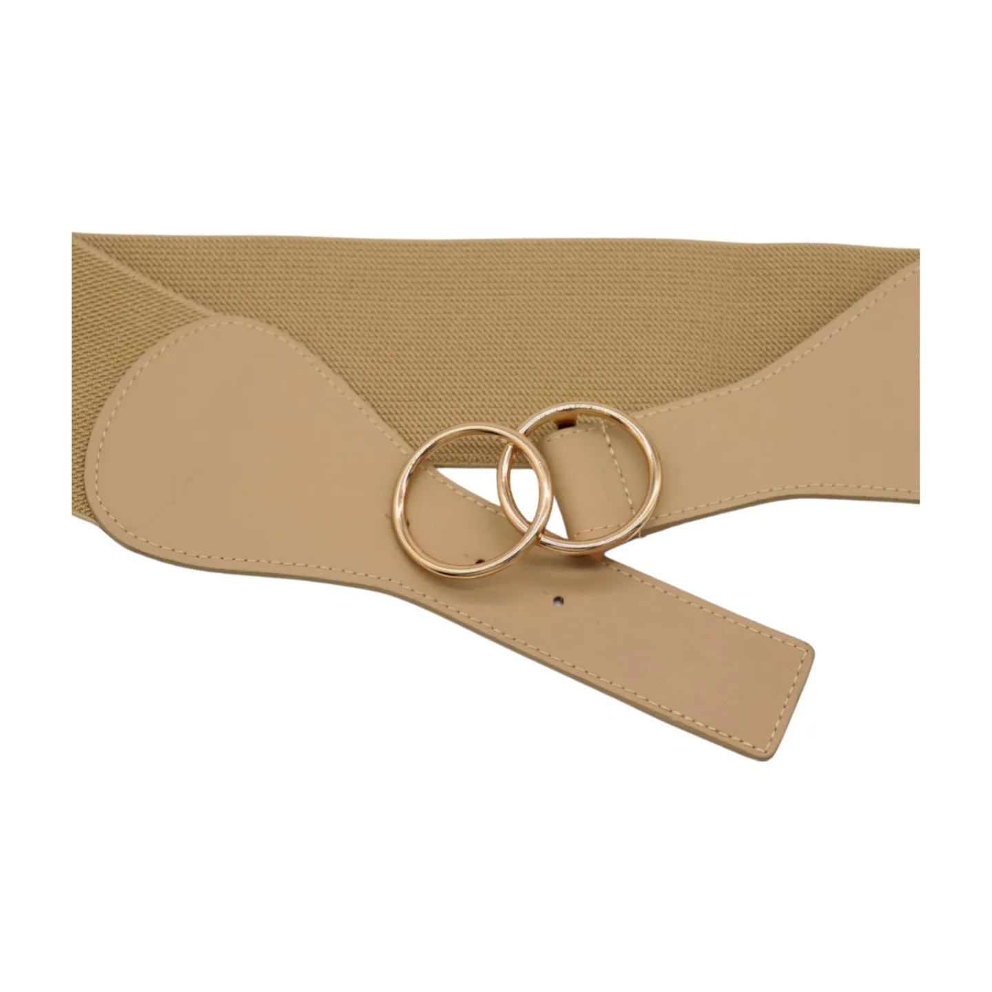 Women Beige Nude Wide Elastic Band Fashion Belt Gold Metal Circle Buckle S M