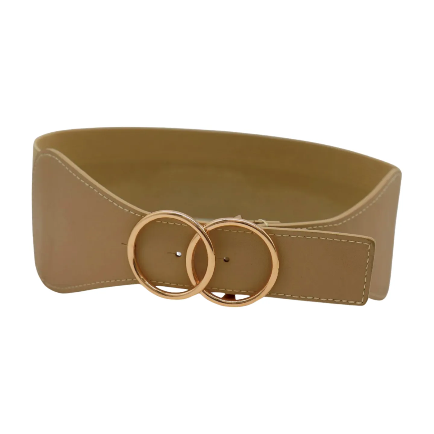 Women Beige Nude Wide Elastic Band Fashion Belt Gold Metal Circle Buckle S M