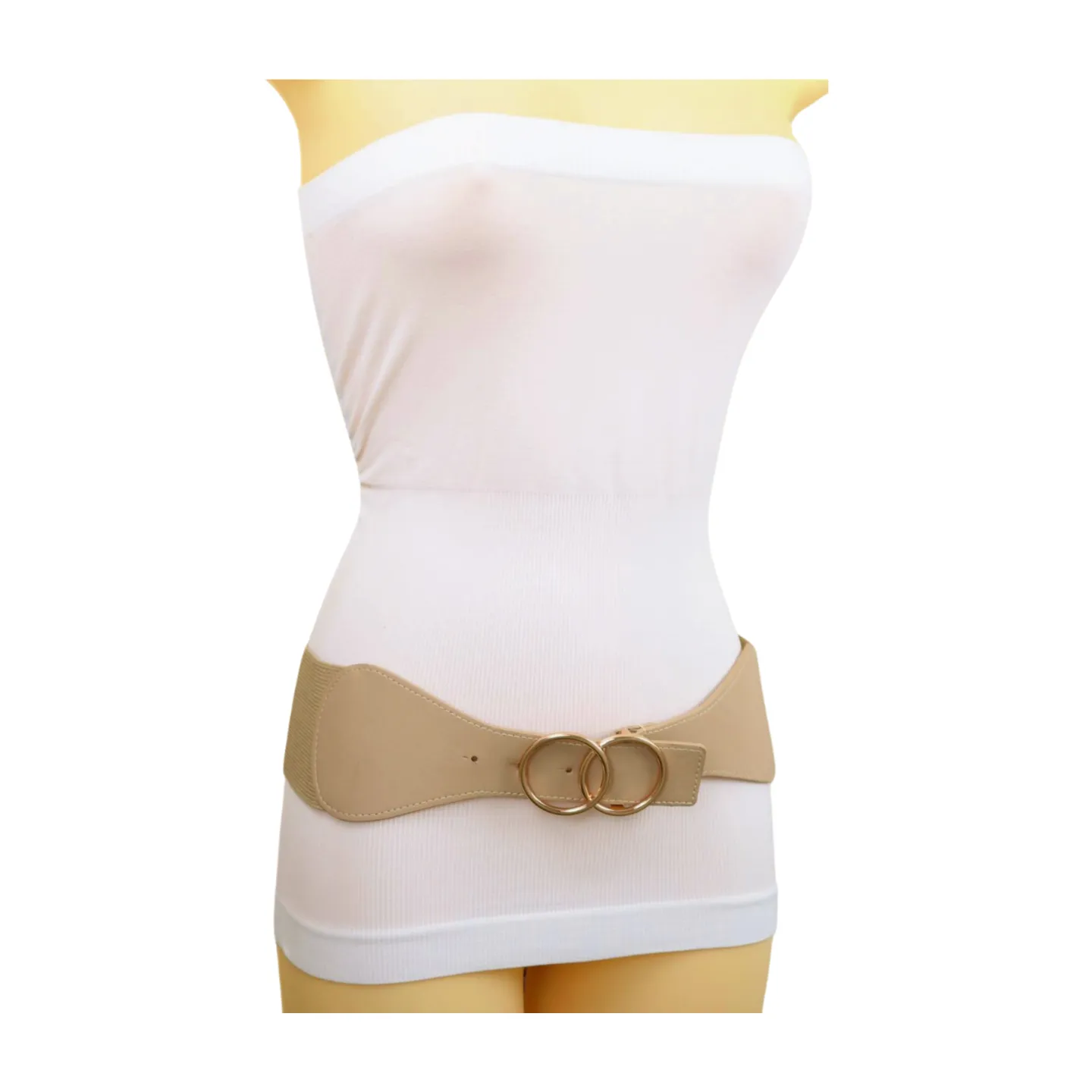 Women Beige Nude Wide Elastic Band Fashion Belt Gold Metal Circle Buckle S M