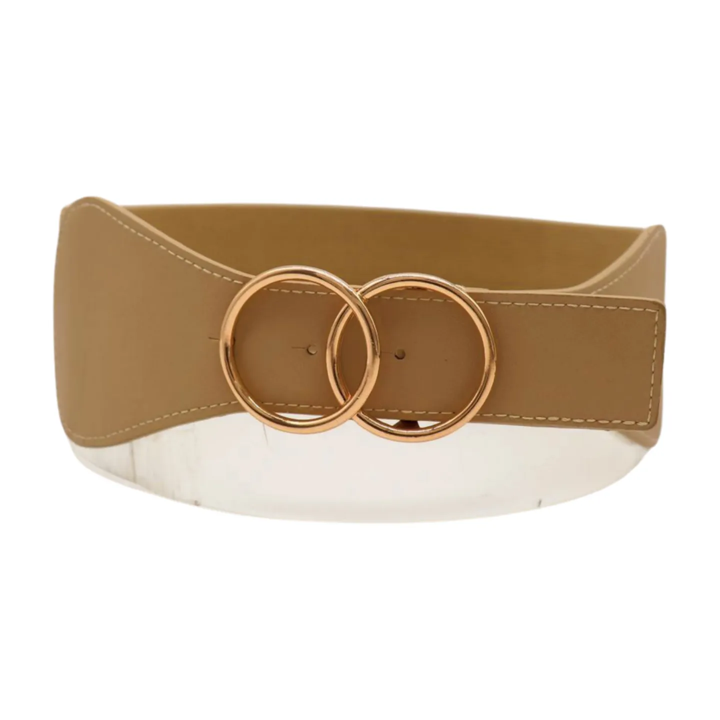 Women Beige Nude Wide Elastic Band Fashion Belt Gold Metal Circle Buckle S M