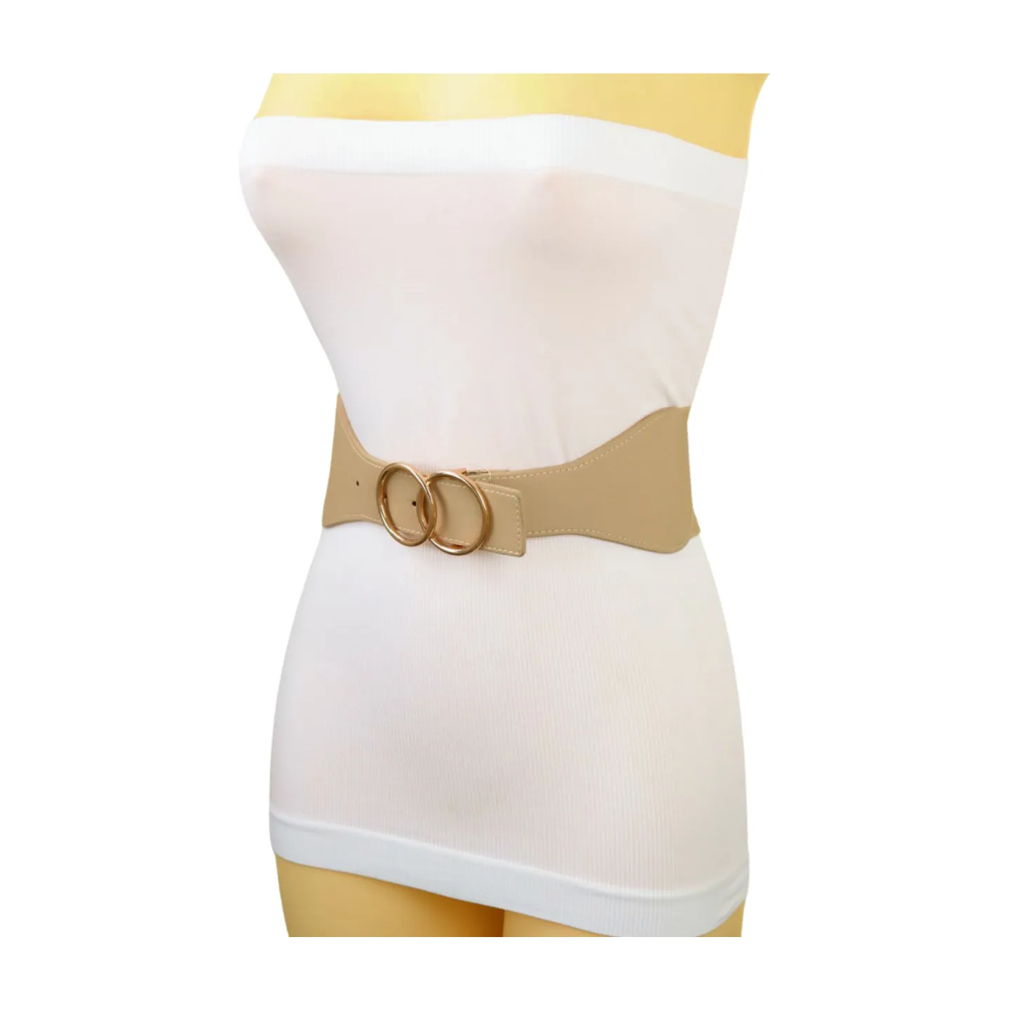 Women Beige Nude Wide Elastic Band Fashion Belt Gold Metal Circle Buckle S M